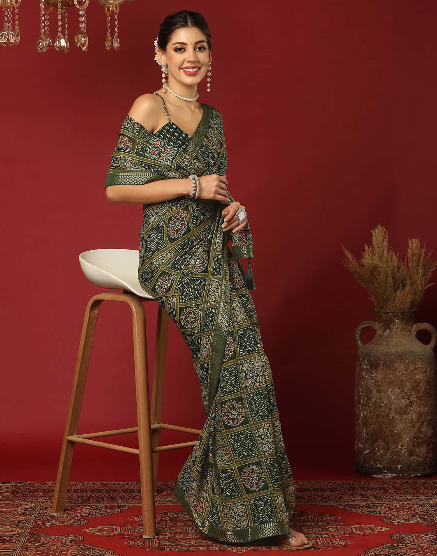 Dark Green Georgette Printed Bandhani Saree