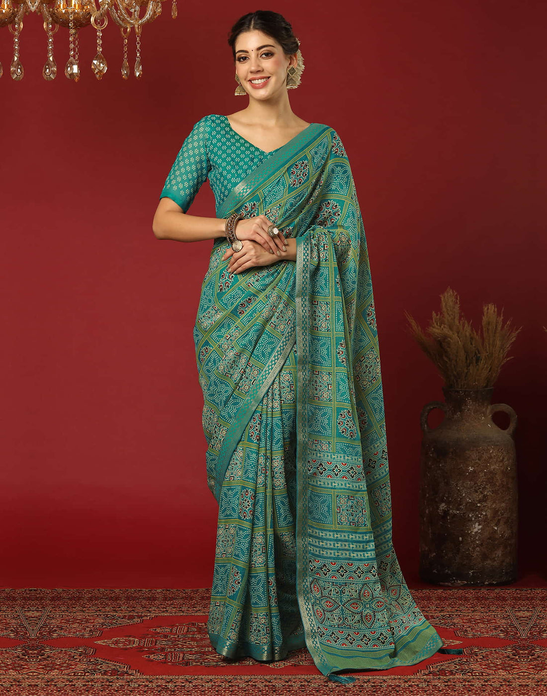 Teal Green Georgette Printed Bandhani Saree