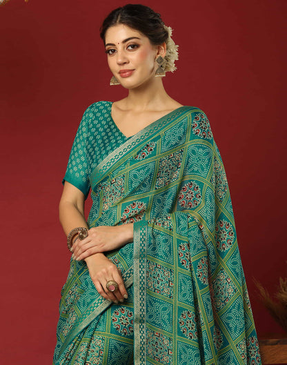 Teal Green Georgette Printed Bandhani Saree