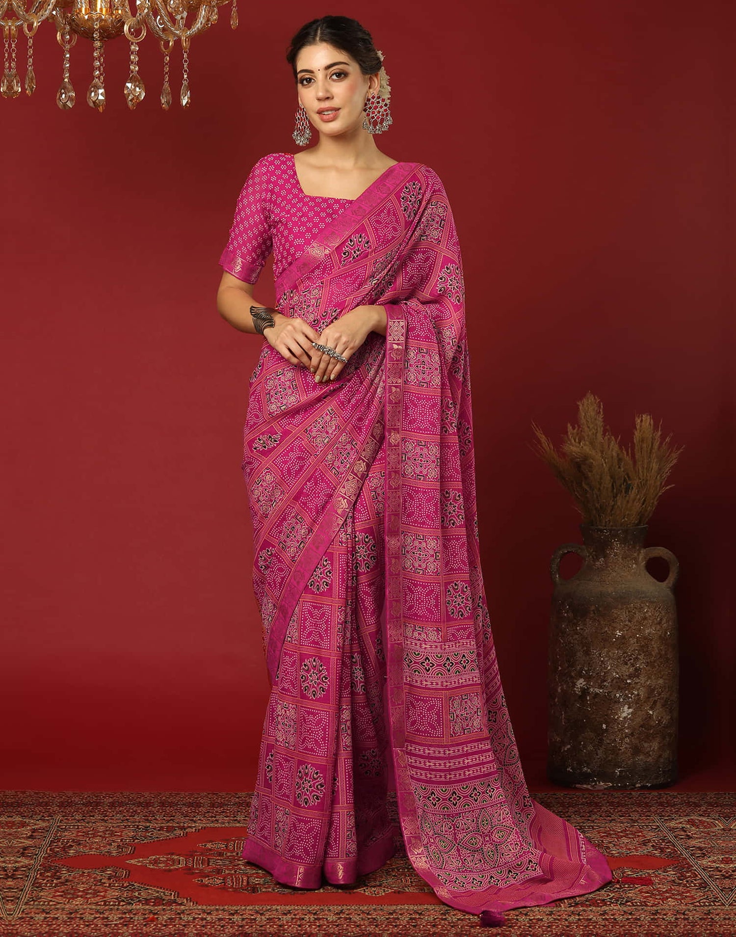 Rani Pink Georgette Printed Bandhani Saree