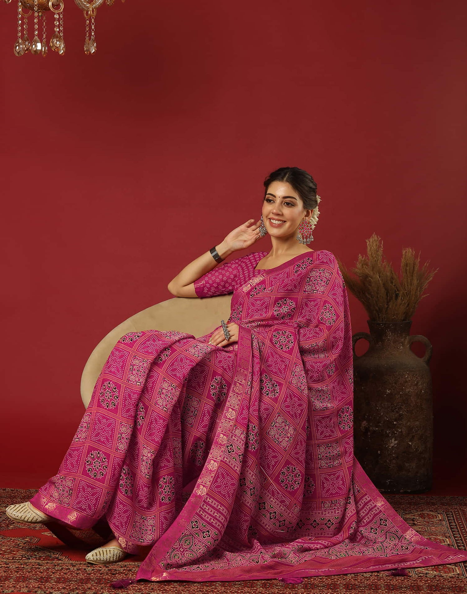 Rani Pink Georgette Printed Bandhani Saree
