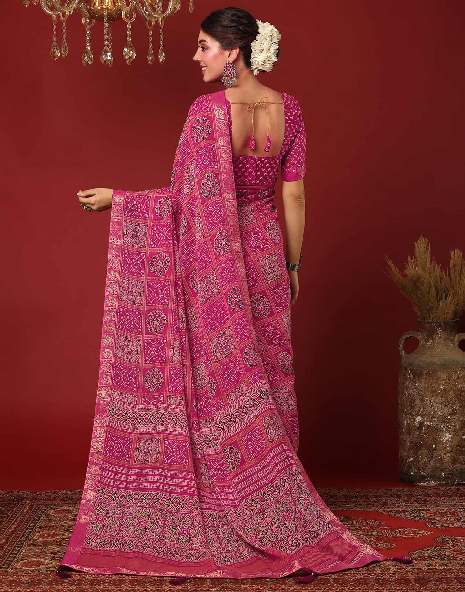Rani Pink Georgette Printed Bandhani Saree