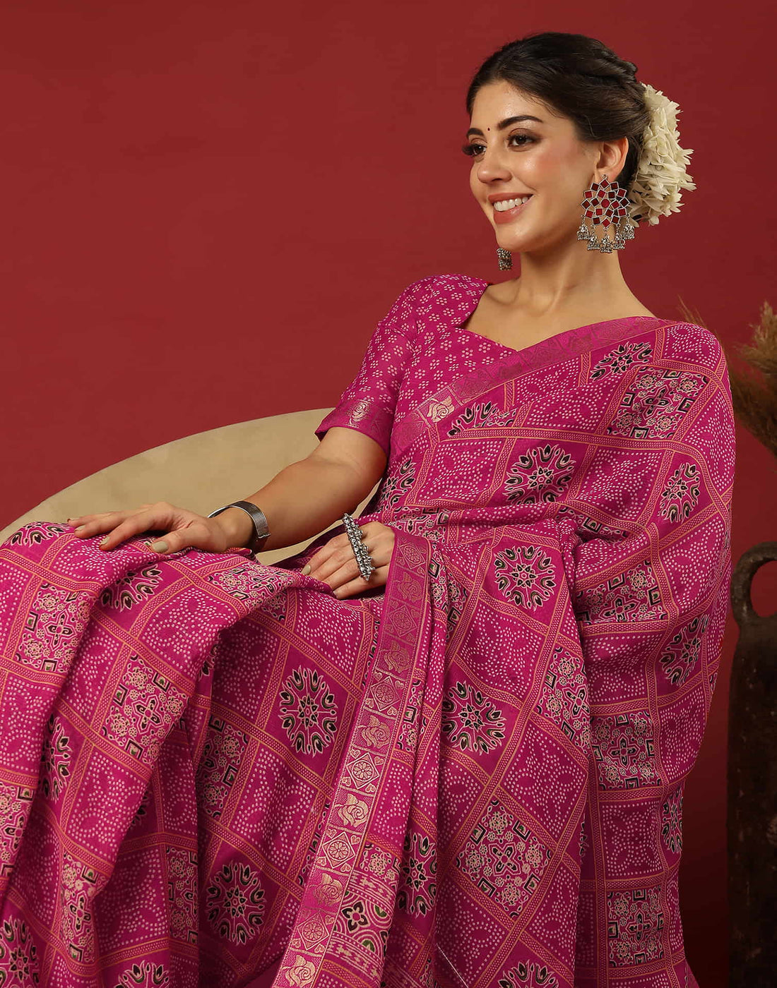 Rani Pink Georgette Printed Bandhani Saree