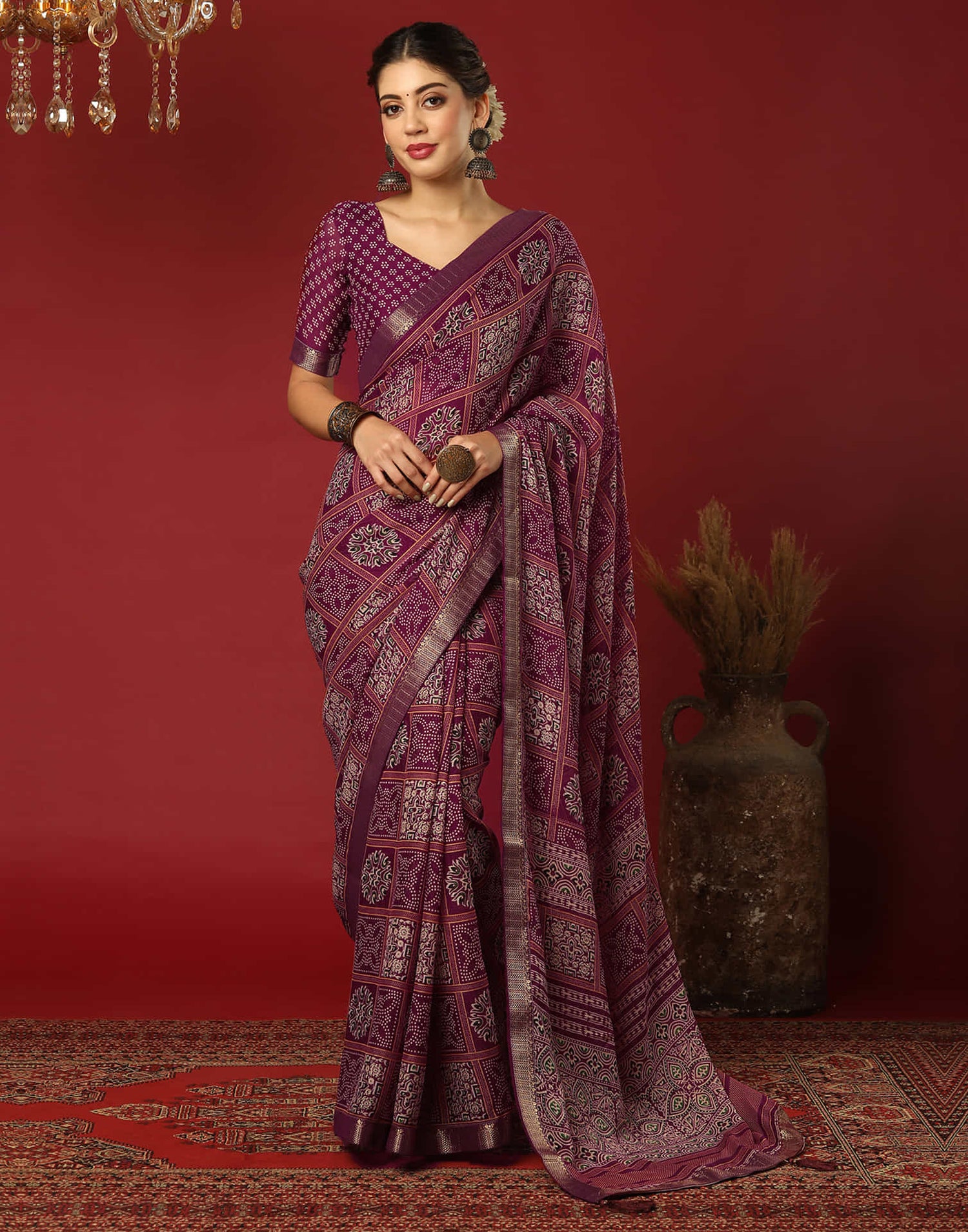 Wine Georgette Printed Bandhani Saree