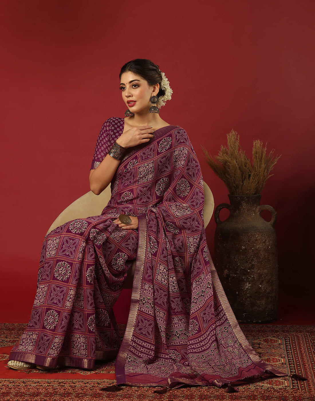 Wine Georgette Printed Bandhani Saree