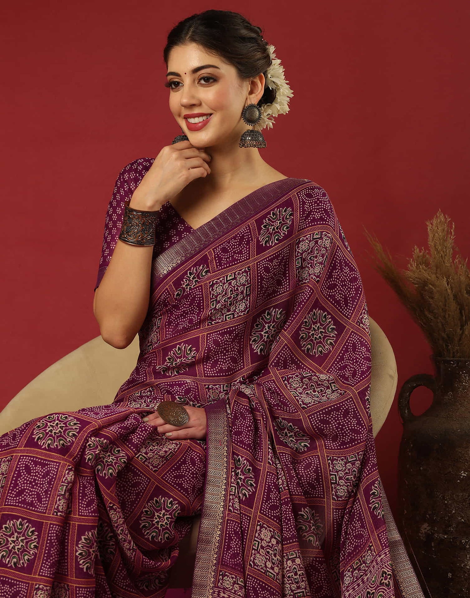Wine Georgette Printed Bandhani Saree