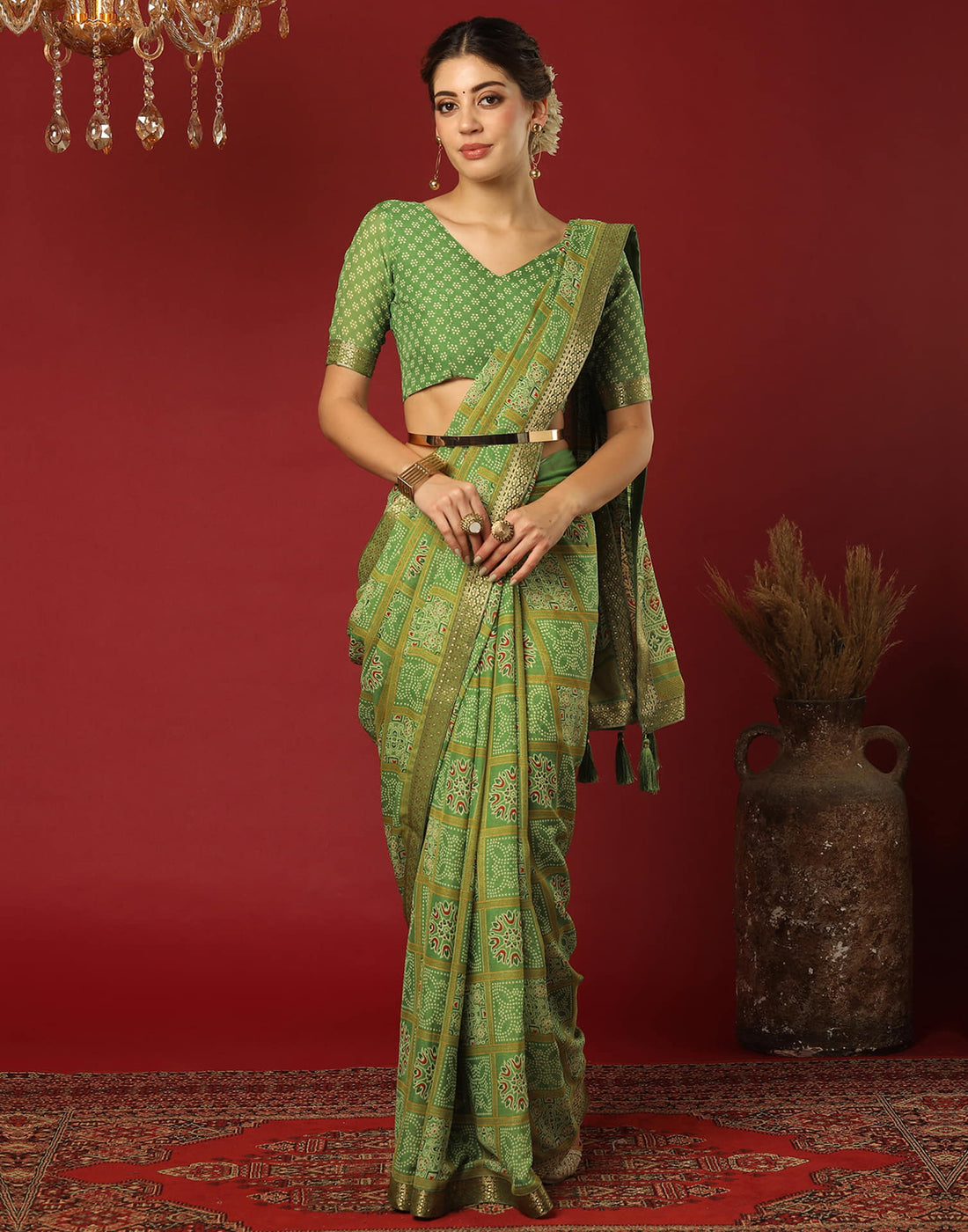 Green Georgette Printed Bandhani Saree