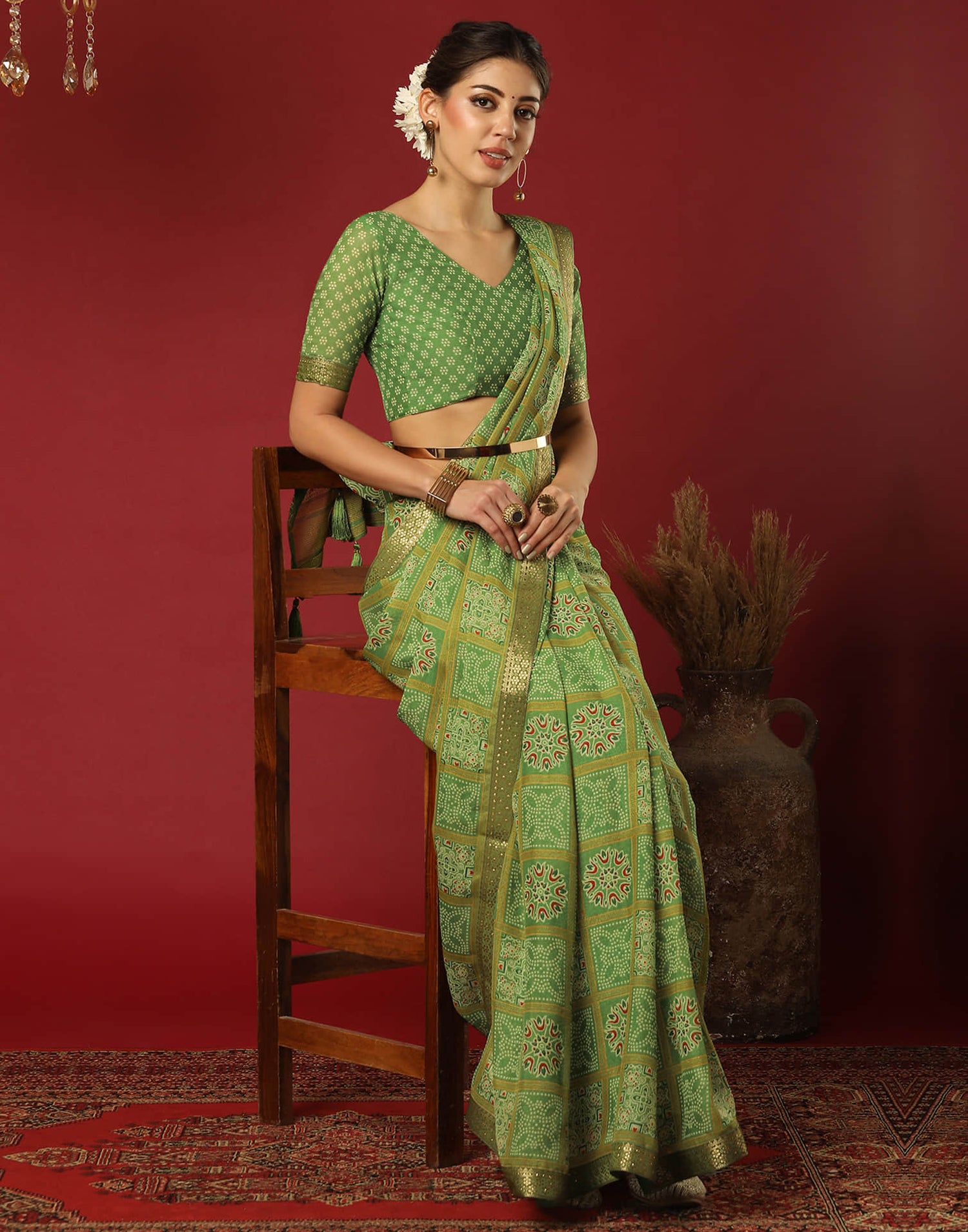 Green Georgette Printed Bandhani Saree
