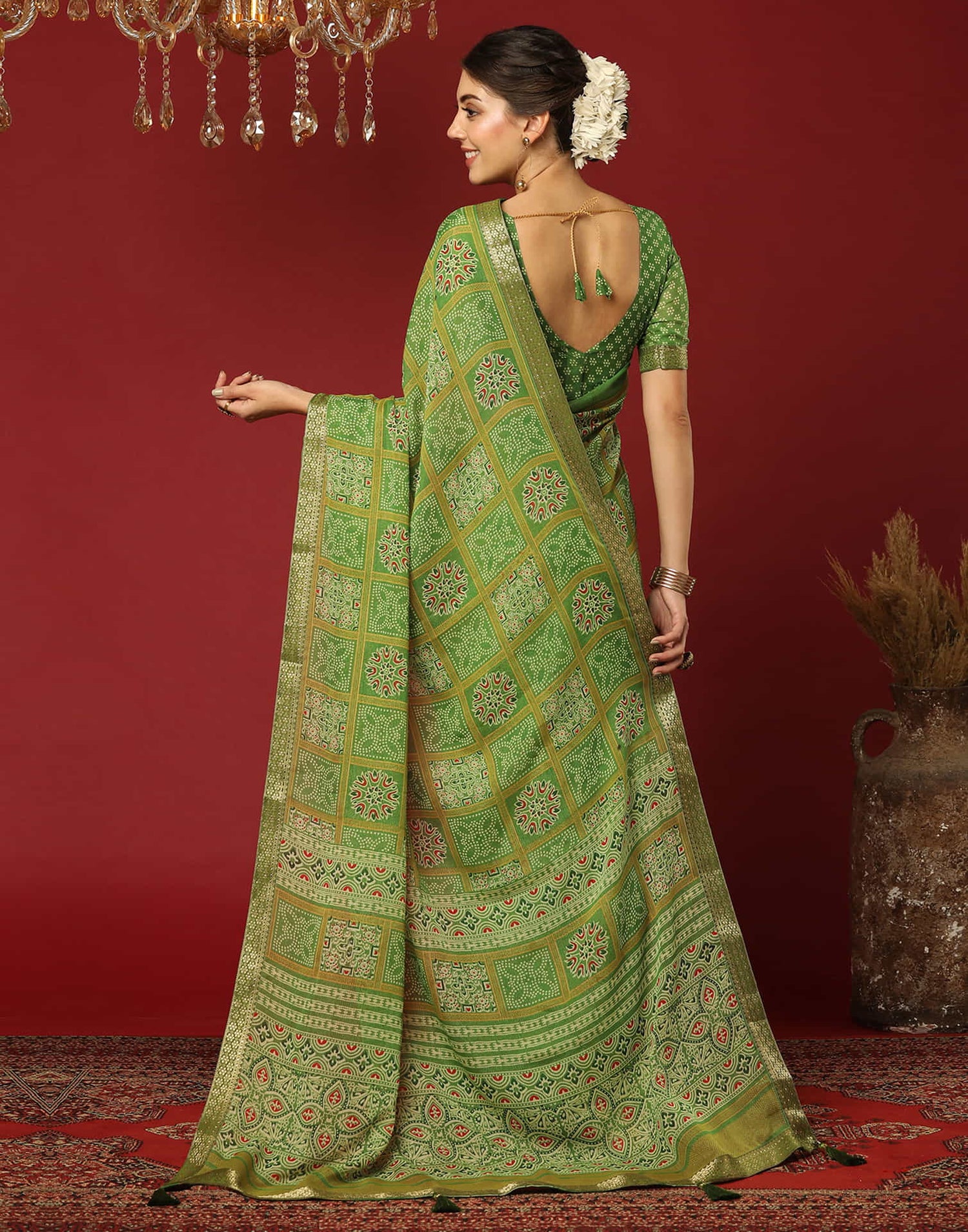 Green Georgette Printed Bandhani Saree