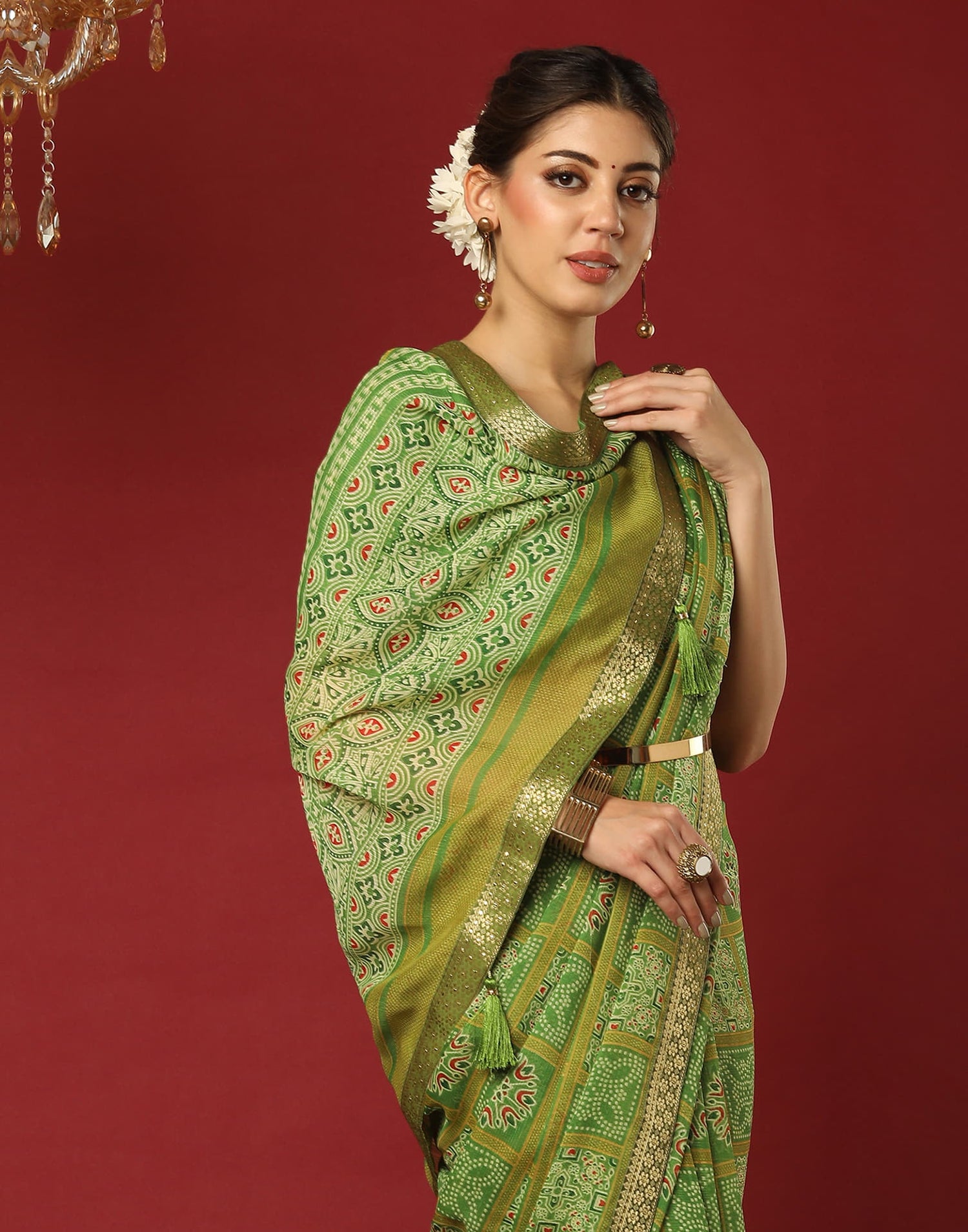 Green Georgette Printed Bandhani Saree