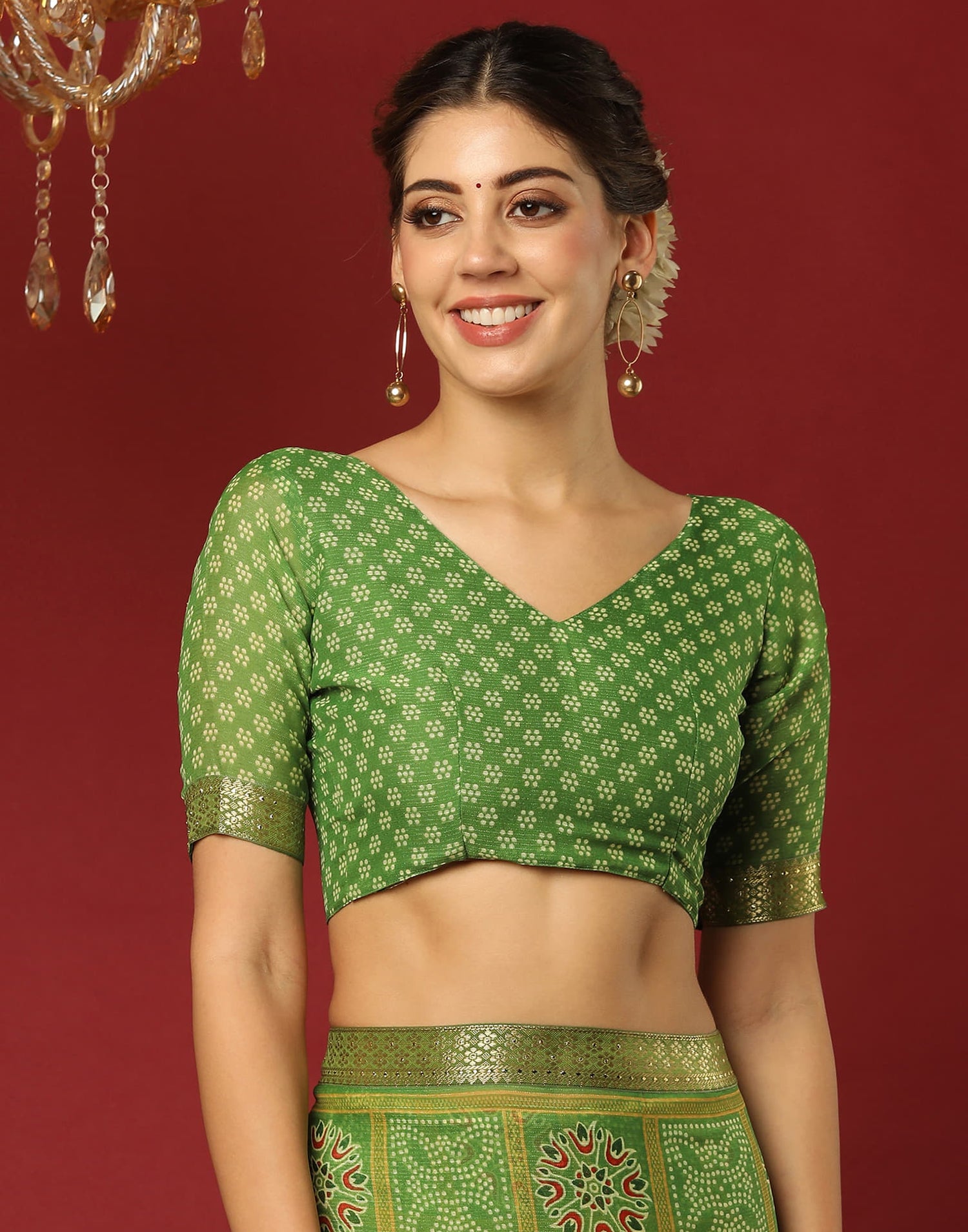 Green Georgette Printed Bandhani Saree