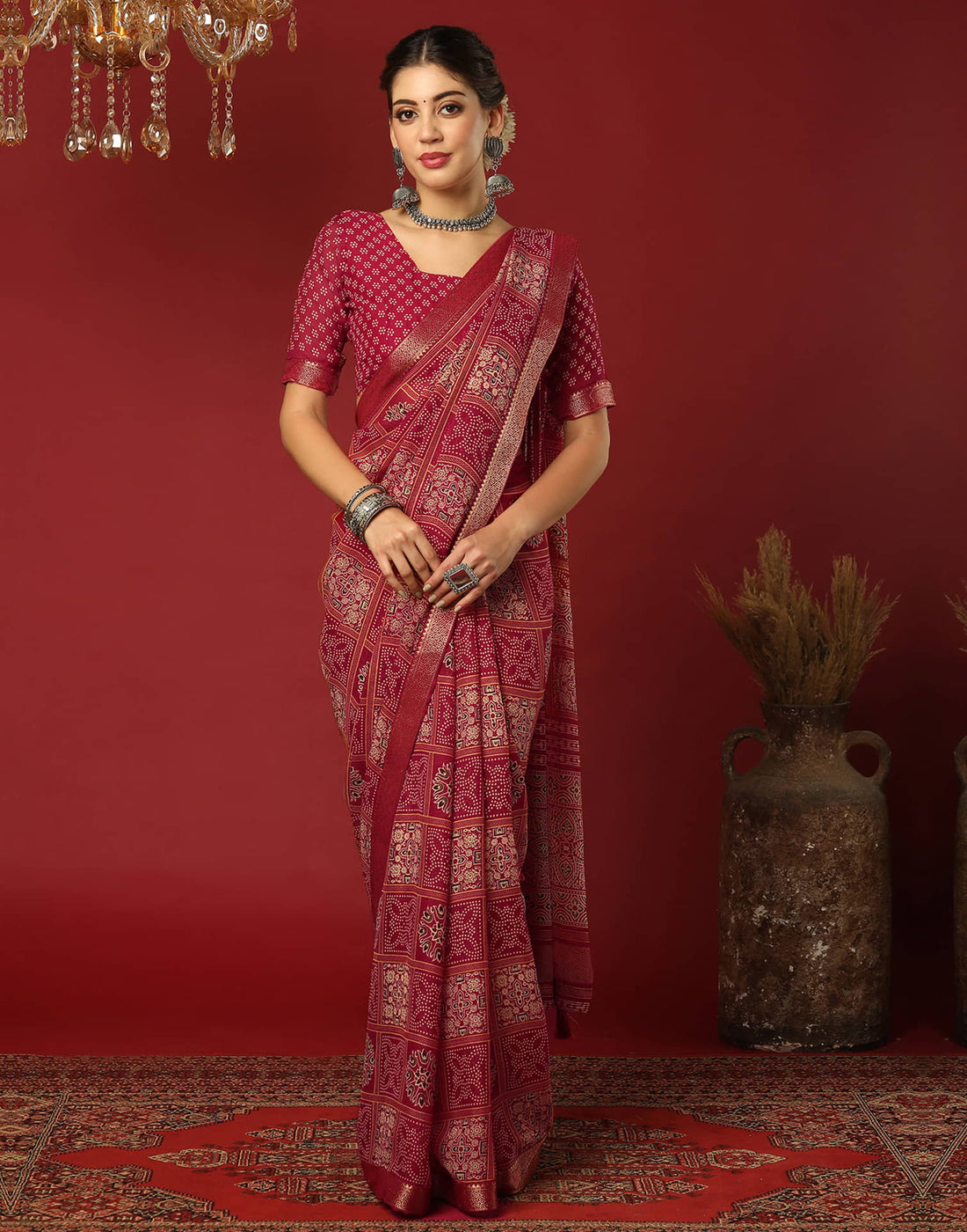 Red Georgette Printed Bandhani Saree