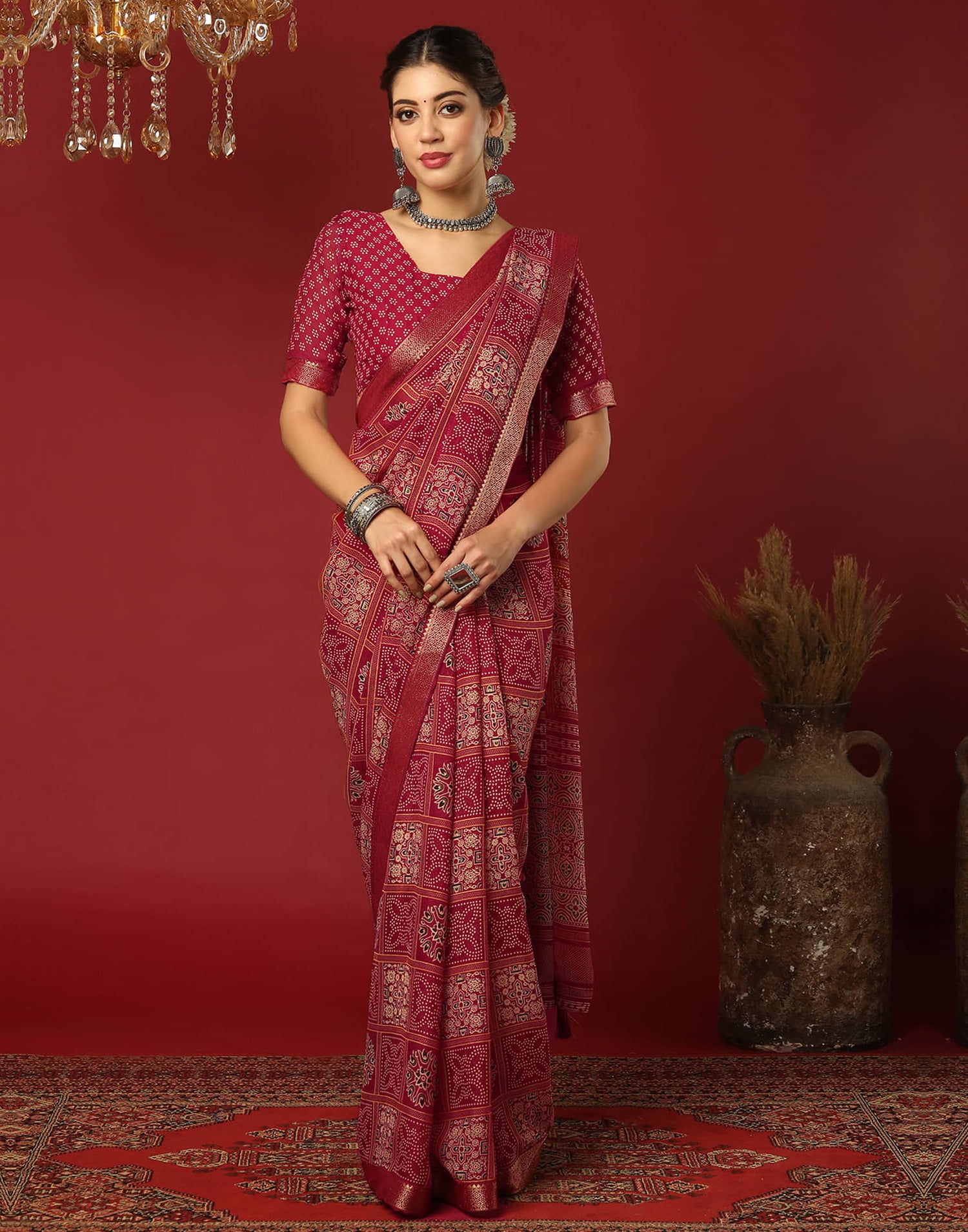 Red Georgette Printed Bandhani Saree