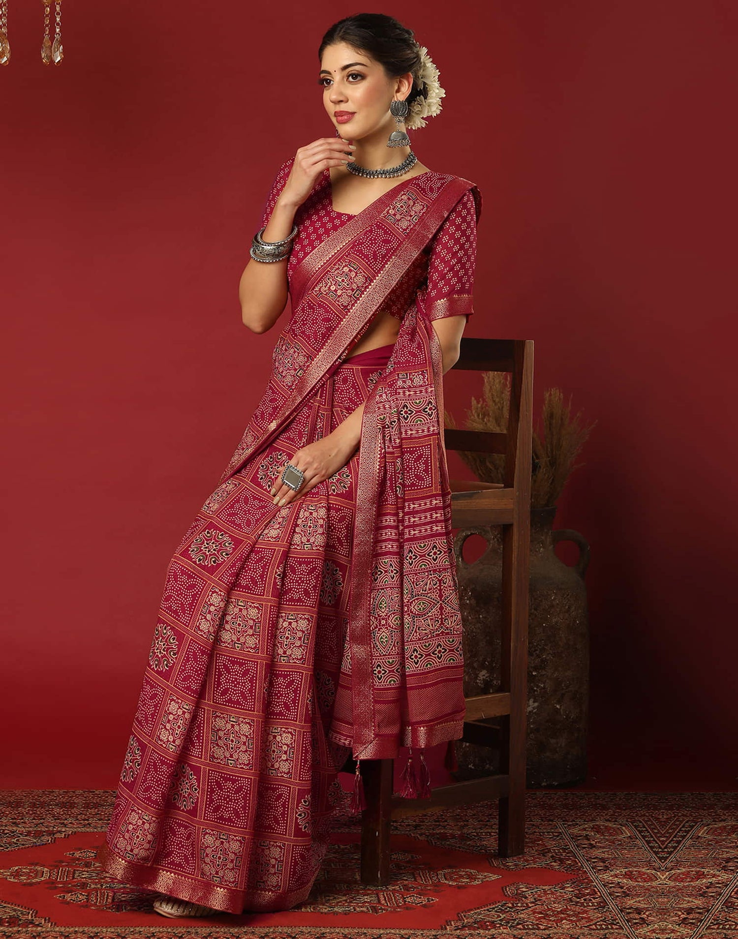 Red Georgette Printed Bandhani Saree
