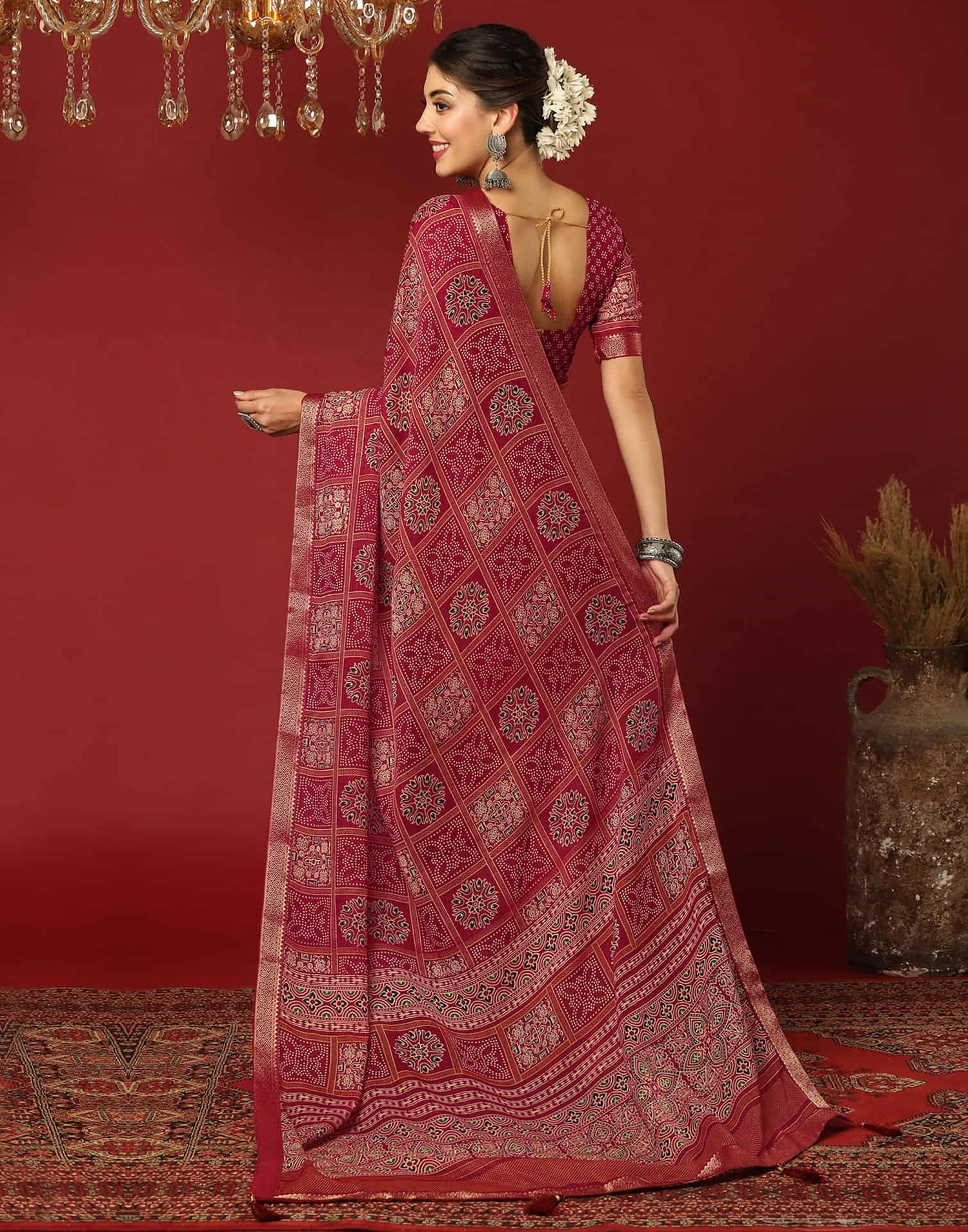 Red Georgette Printed Bandhani Saree