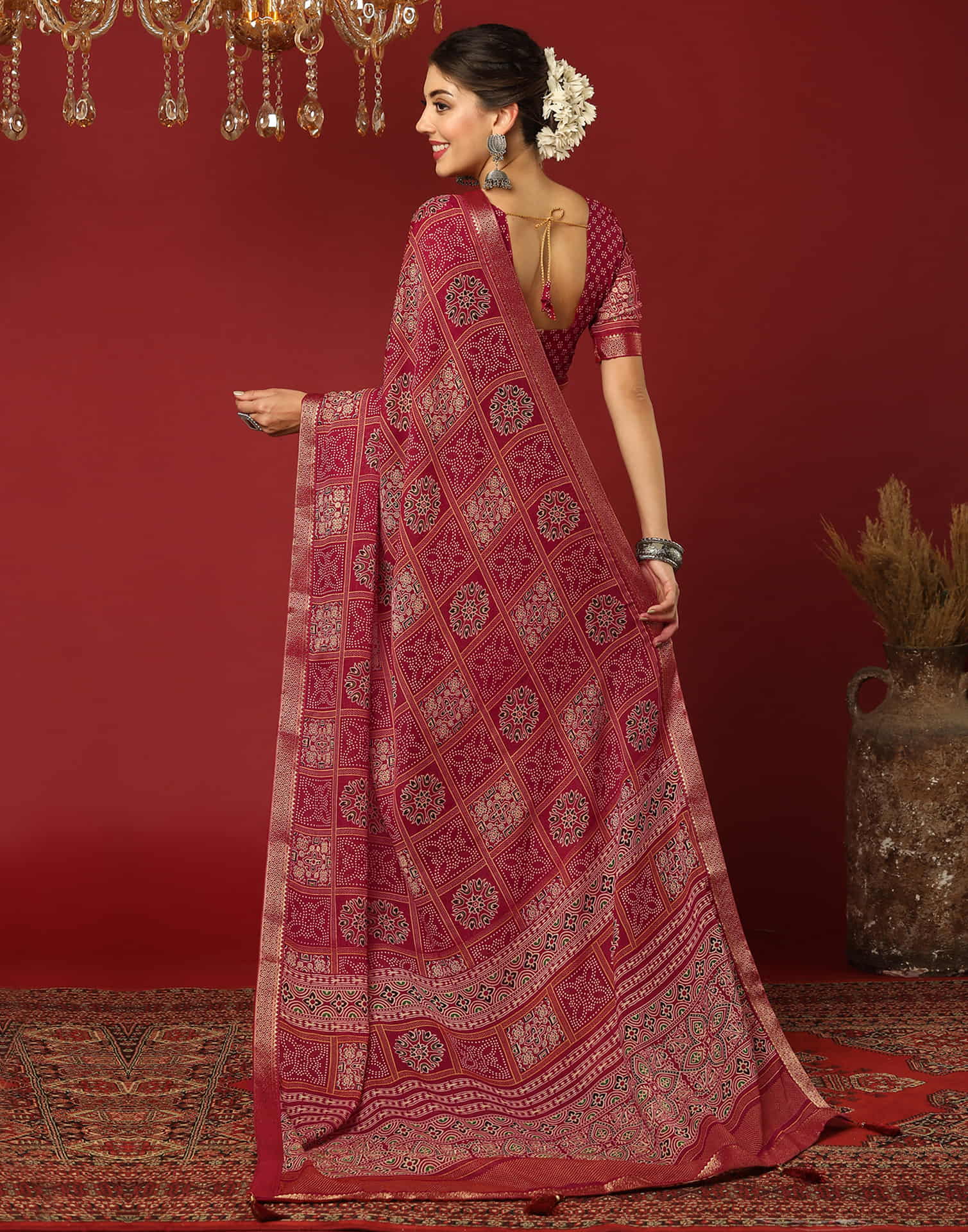 Red Georgette Printed Bandhani Saree