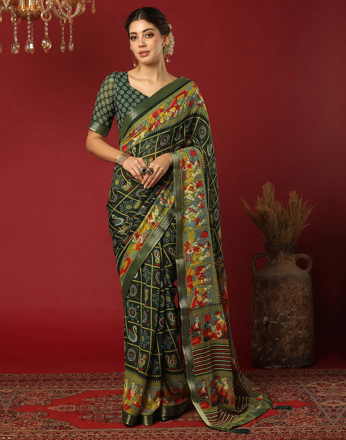 Dark Green Georgette Printed Bandhani Saree