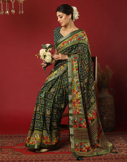 Dark Green Georgette Printed Bandhani Saree