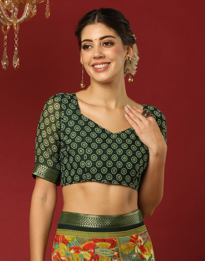 Dark Green Georgette Printed Bandhani Saree
