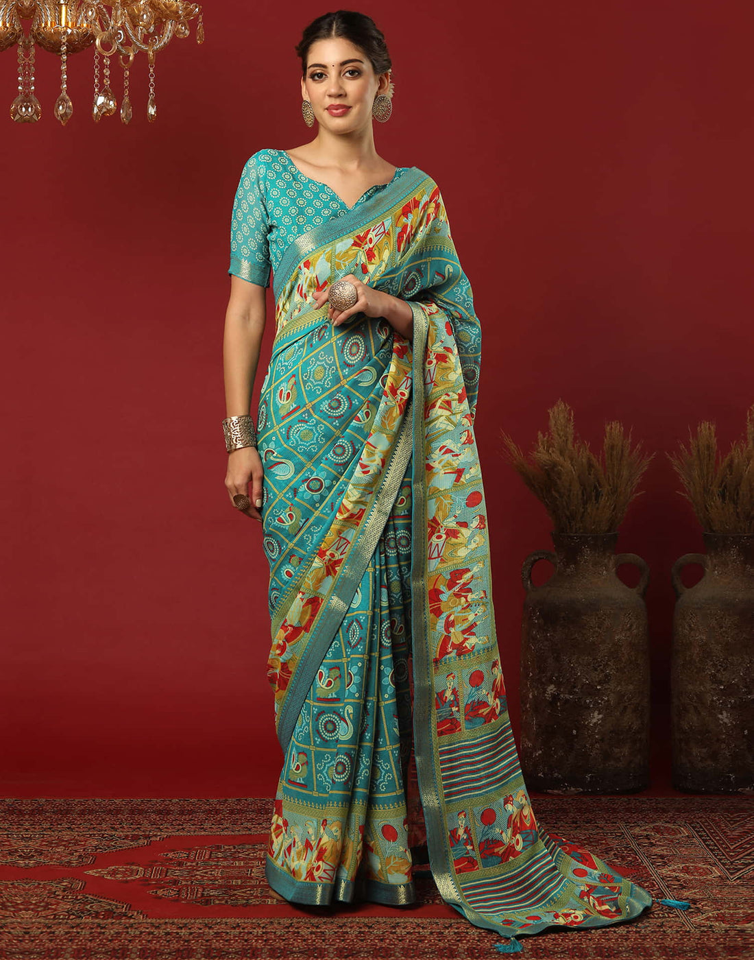 Teal Green Georgette Printed Bandhani Saree