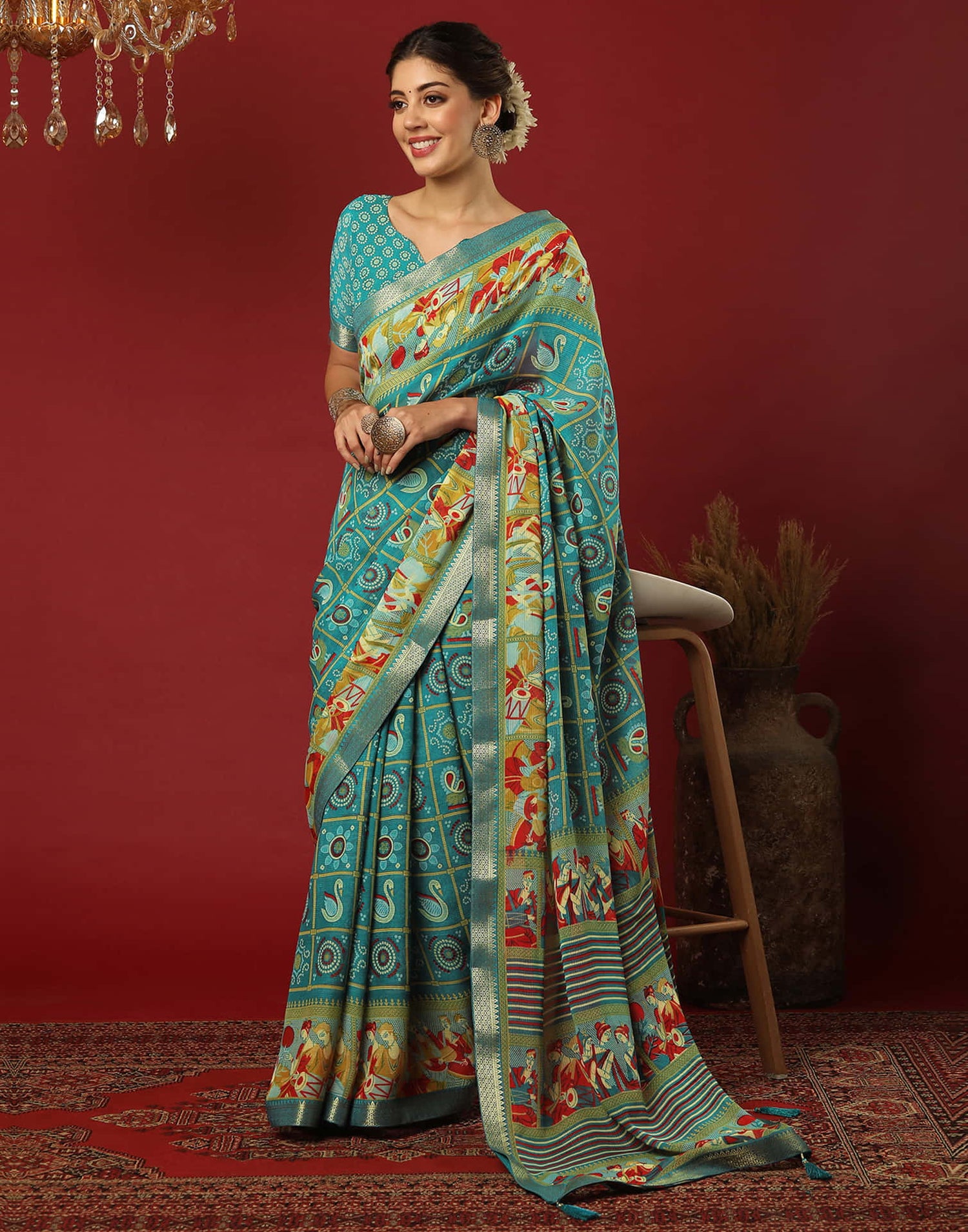 Teal Green Georgette Printed Bandhani Saree