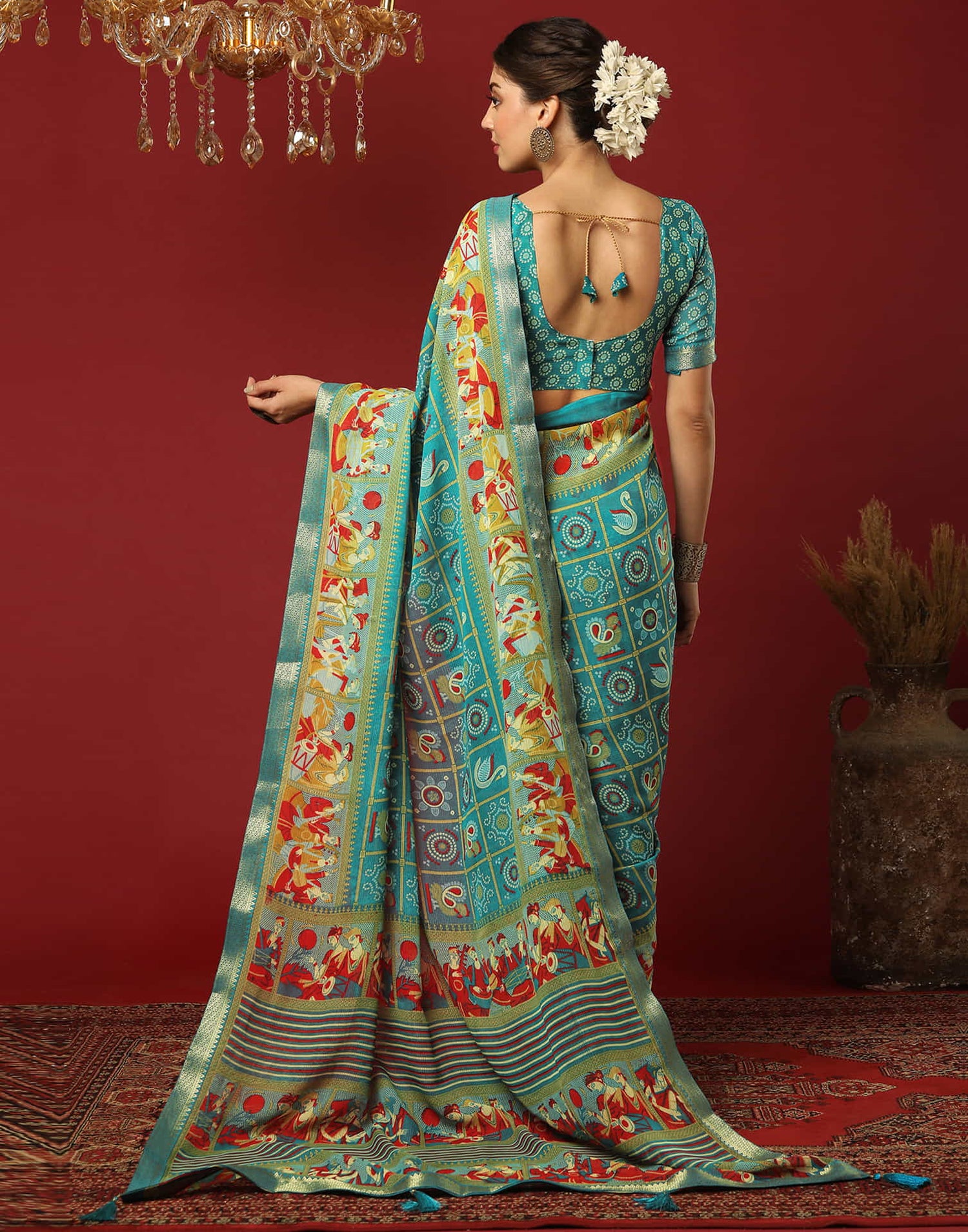 Teal Green Georgette Printed Bandhani Saree