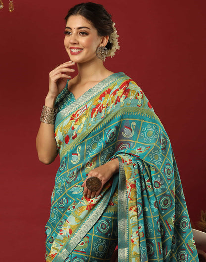 Teal Green Georgette Printed Bandhani Saree