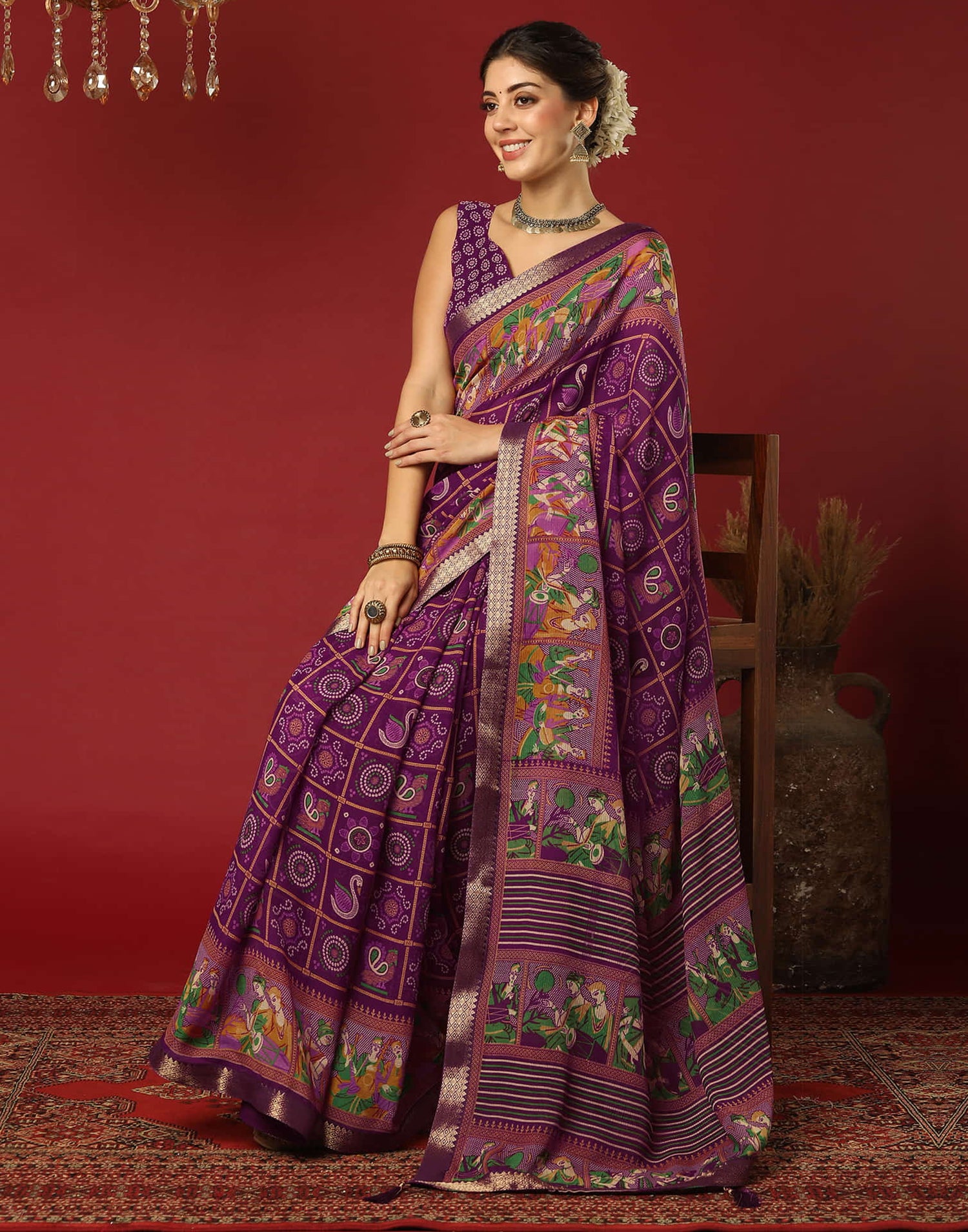 Wine Georgette Printed Bandhani Saree