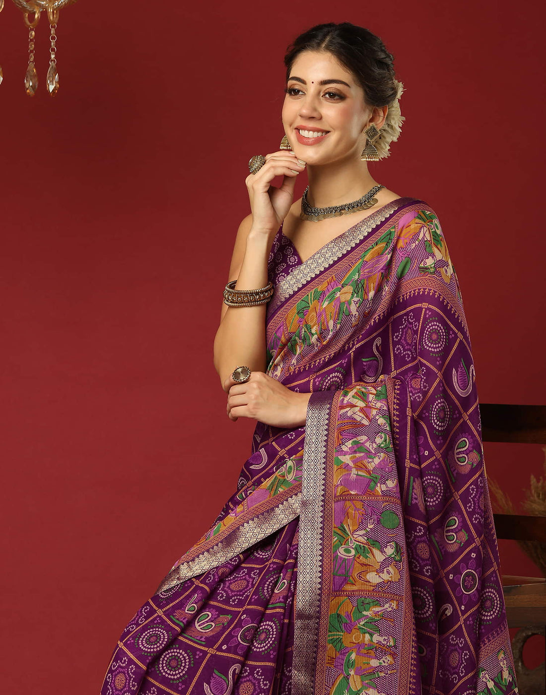 Wine Georgette Printed Bandhani Saree