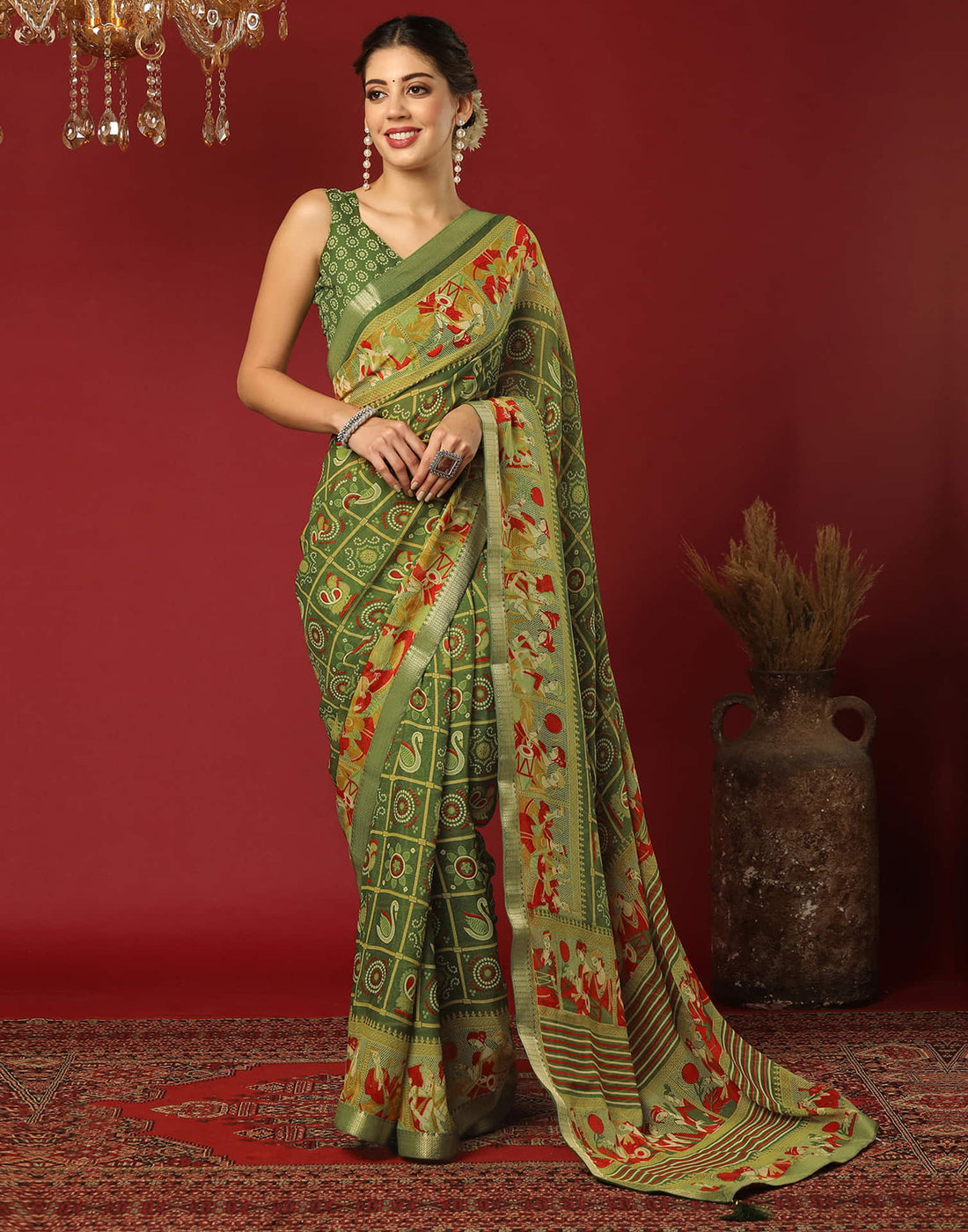 Olive Green Georgette Printed Bandhani Saree