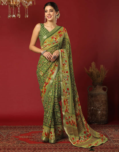 Olive Green Georgette Printed Bandhani Saree