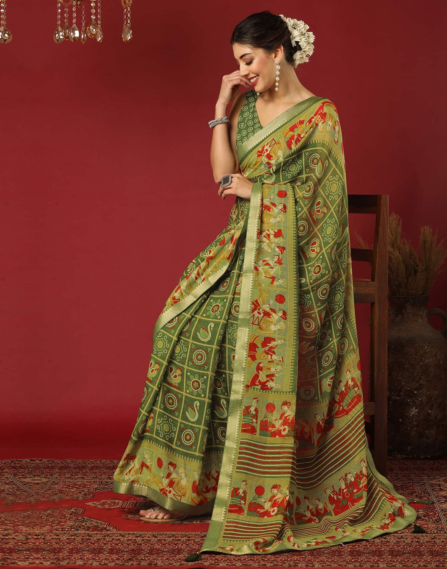 Olive Green Georgette Printed Bandhani Saree