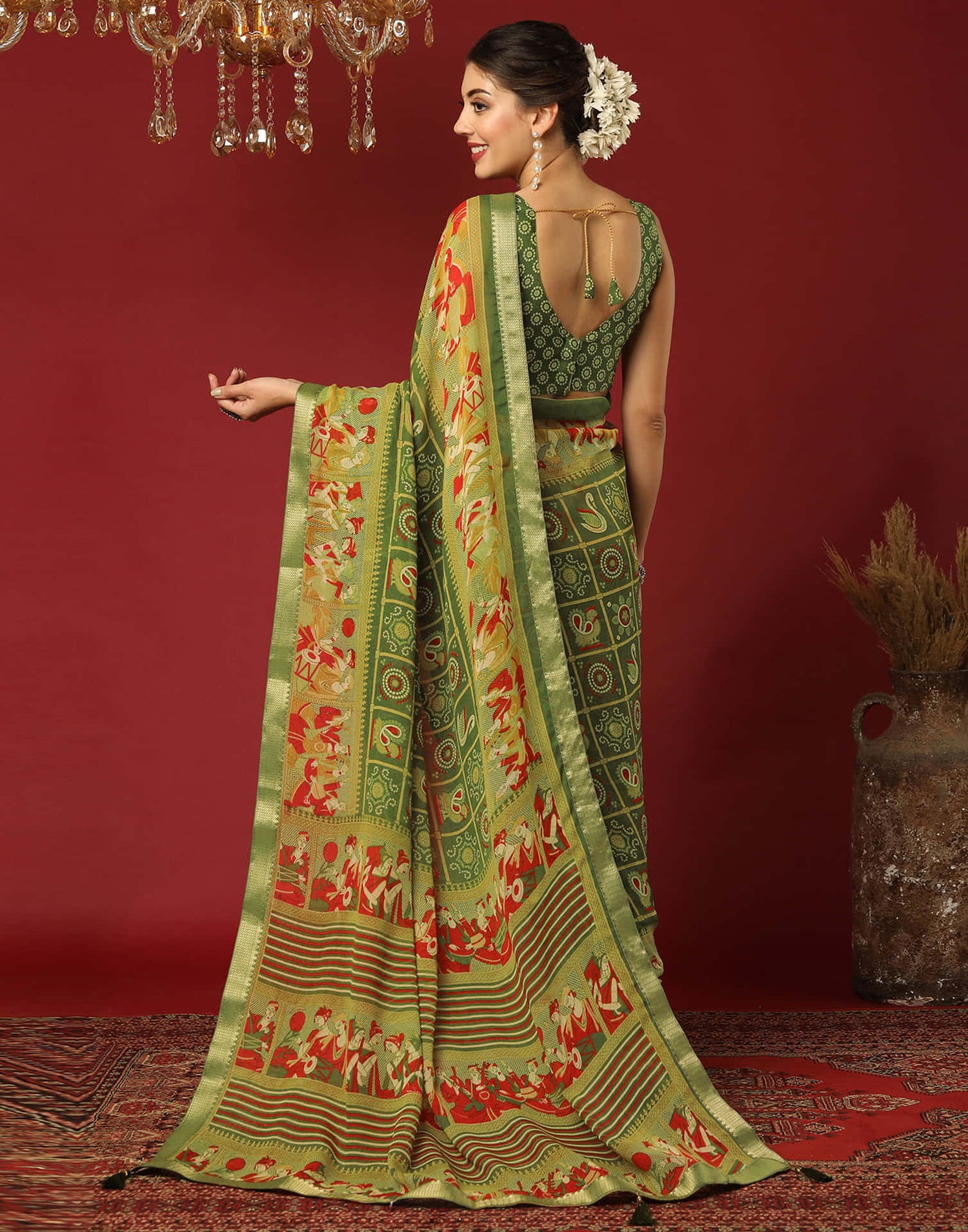 Olive Green Georgette Printed Bandhani Saree
