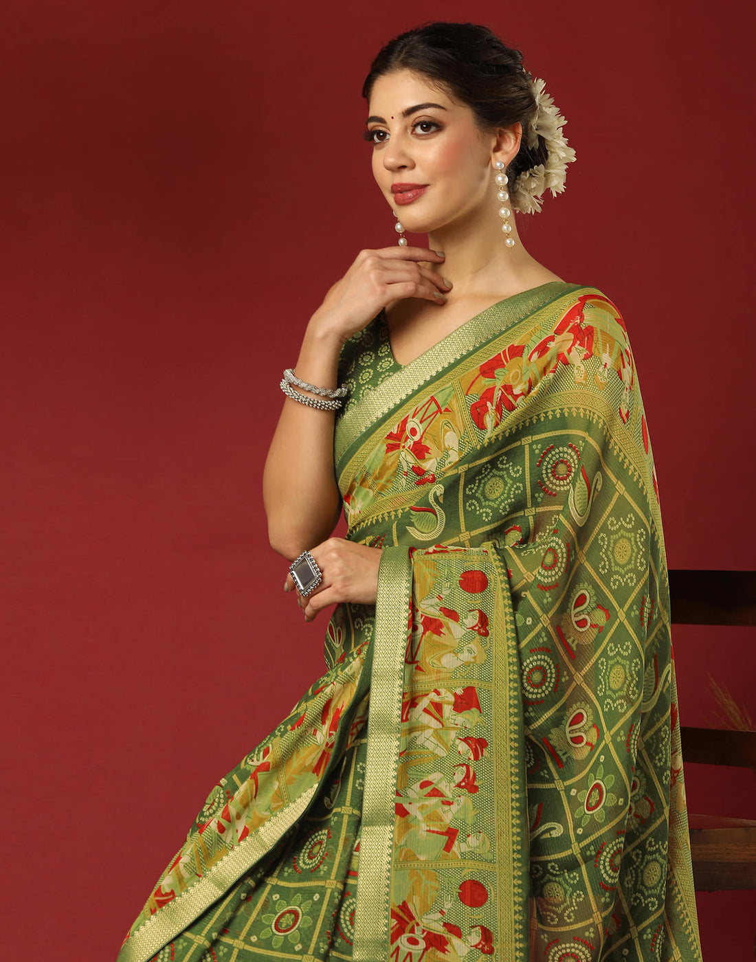 Olive Green Georgette Printed Bandhani Saree