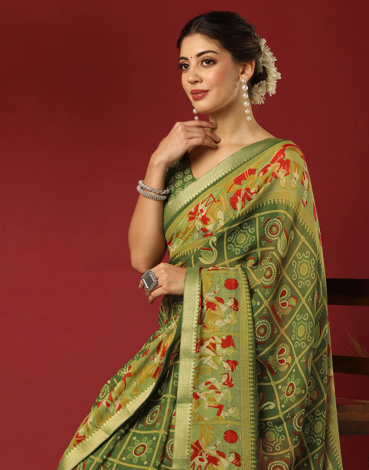 Olive Green Georgette Printed Bandhani Saree