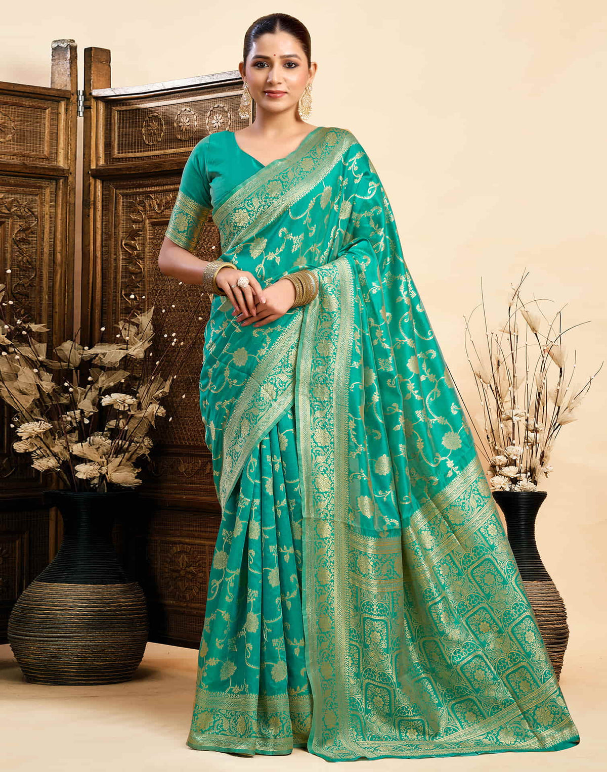 Turquoise Silk Woven Banarasi Saree