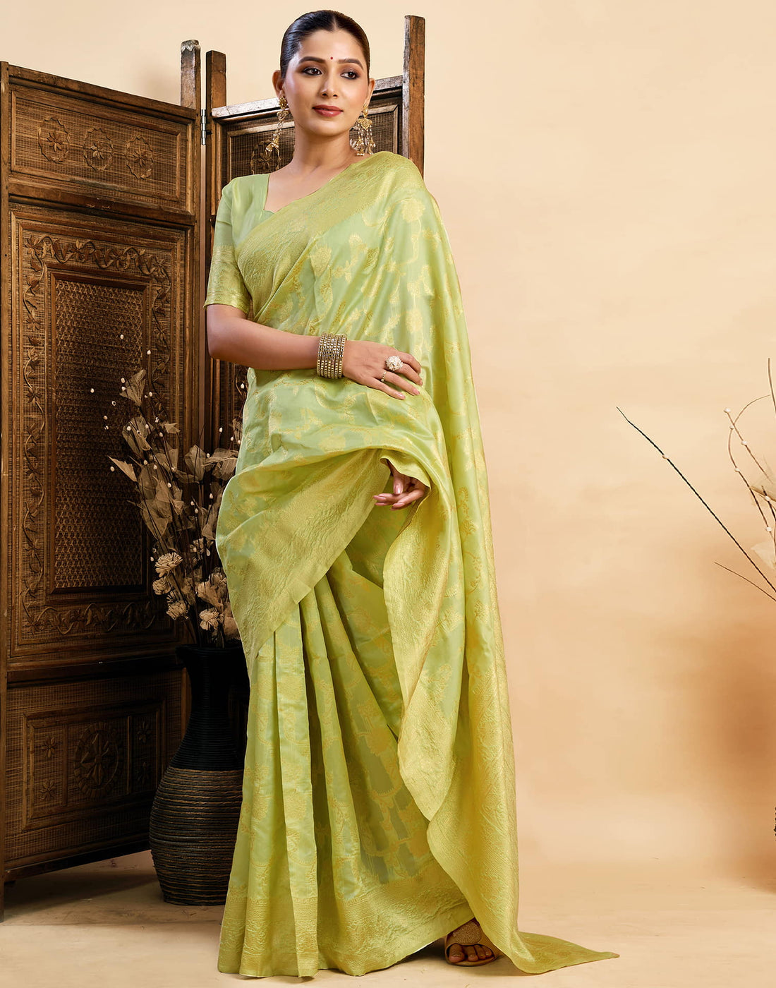 Light Pista Green Silk Woven Banarasi Saree