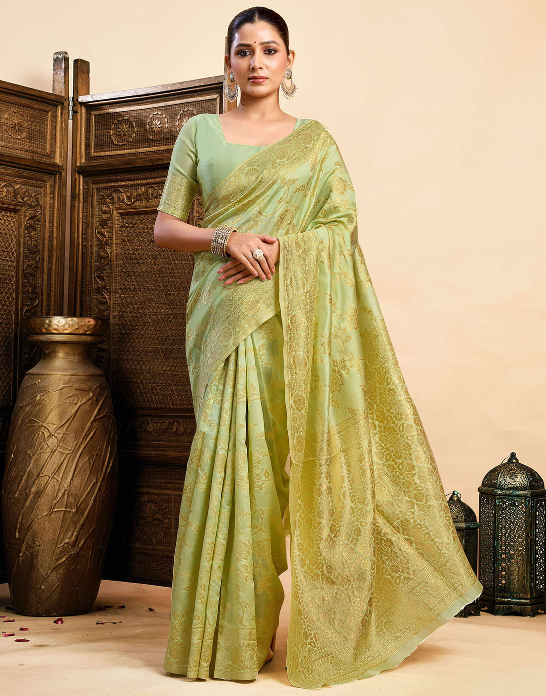 Light Pista Green Silk Woven Banarasi Saree