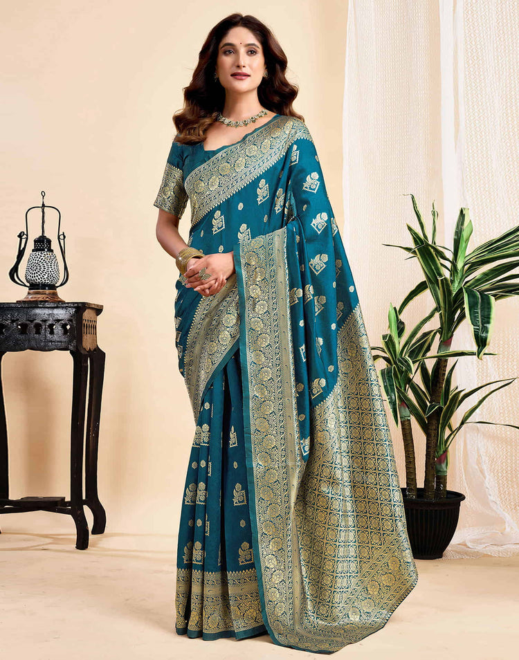 Rama Blue Silk Woven Banarasi Saree