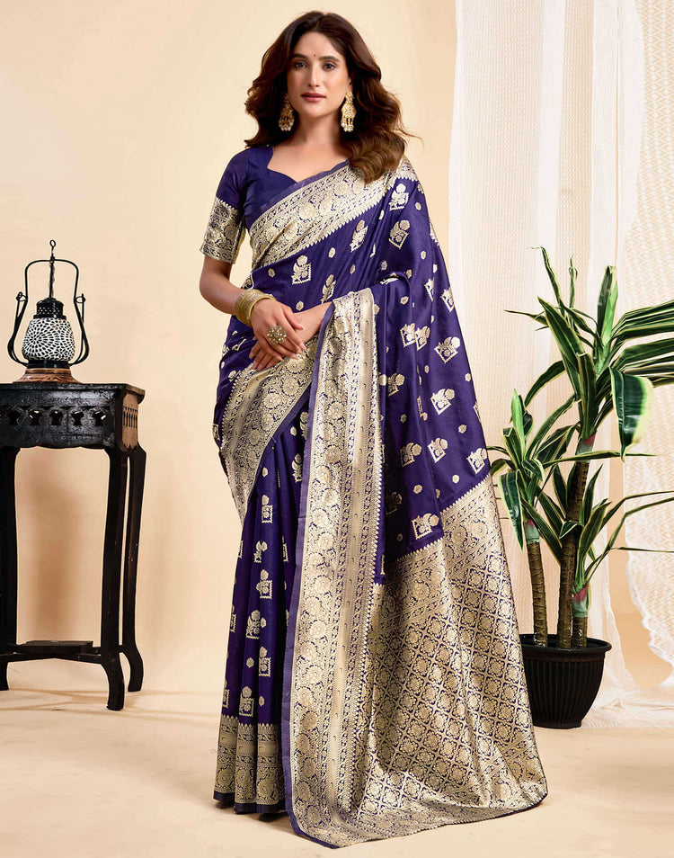 Navy Blue Silk Woven Banarasi Saree