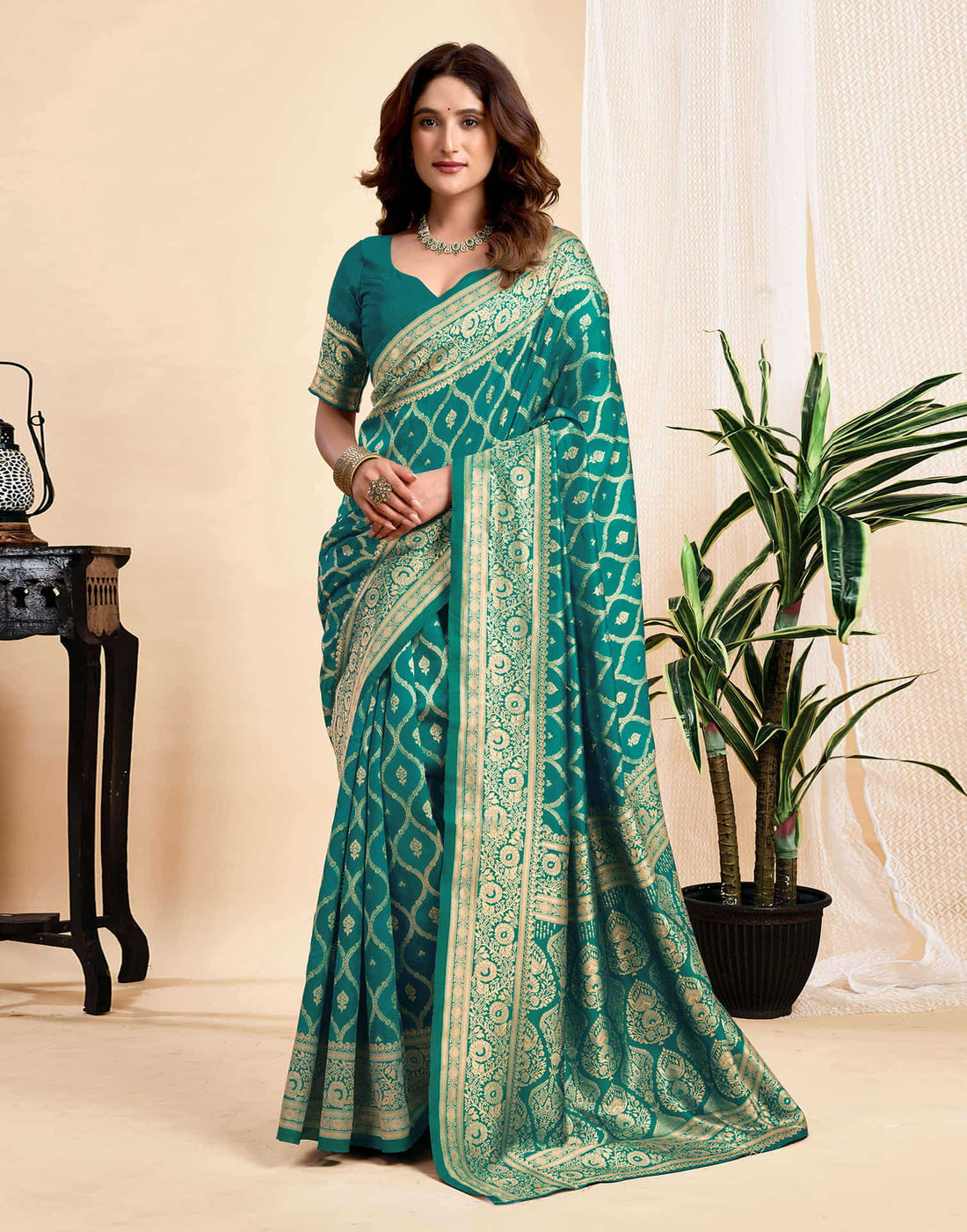 Teal Green Silk Woven Banarasi Saree
