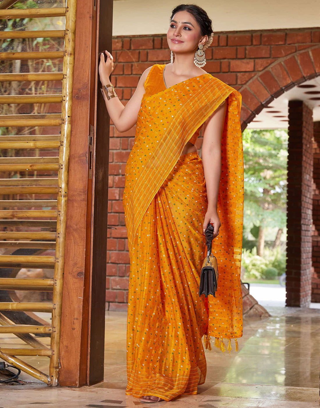 Yellow Chiffon Printed Bandhani Saree