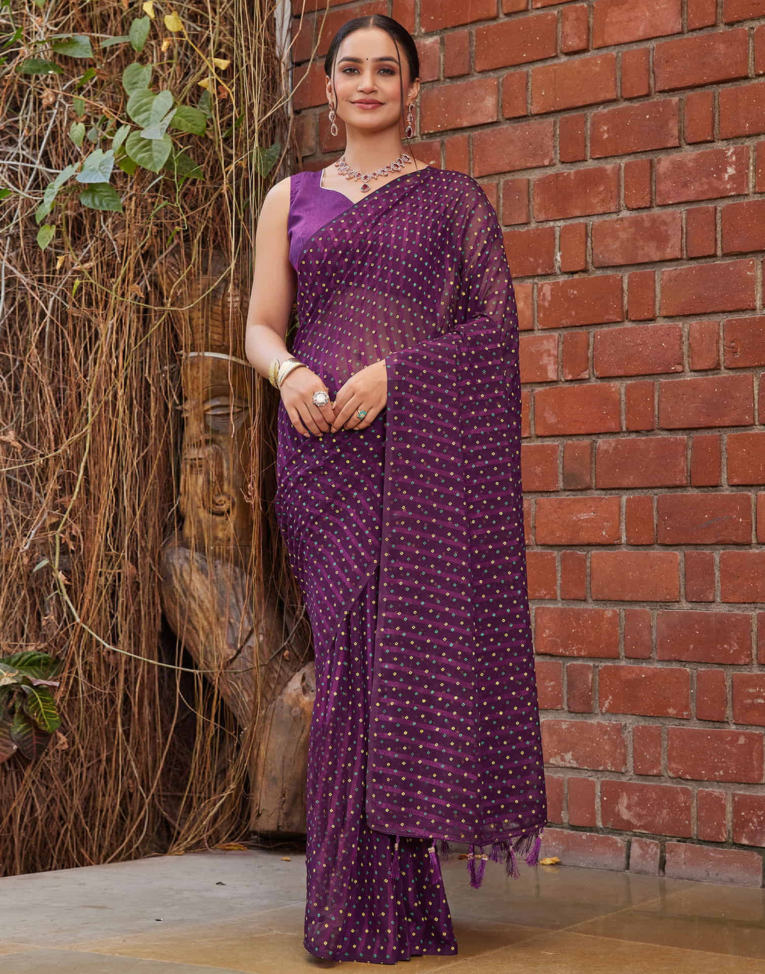 Dark Purple Chiffon Printed Bandhani Saree