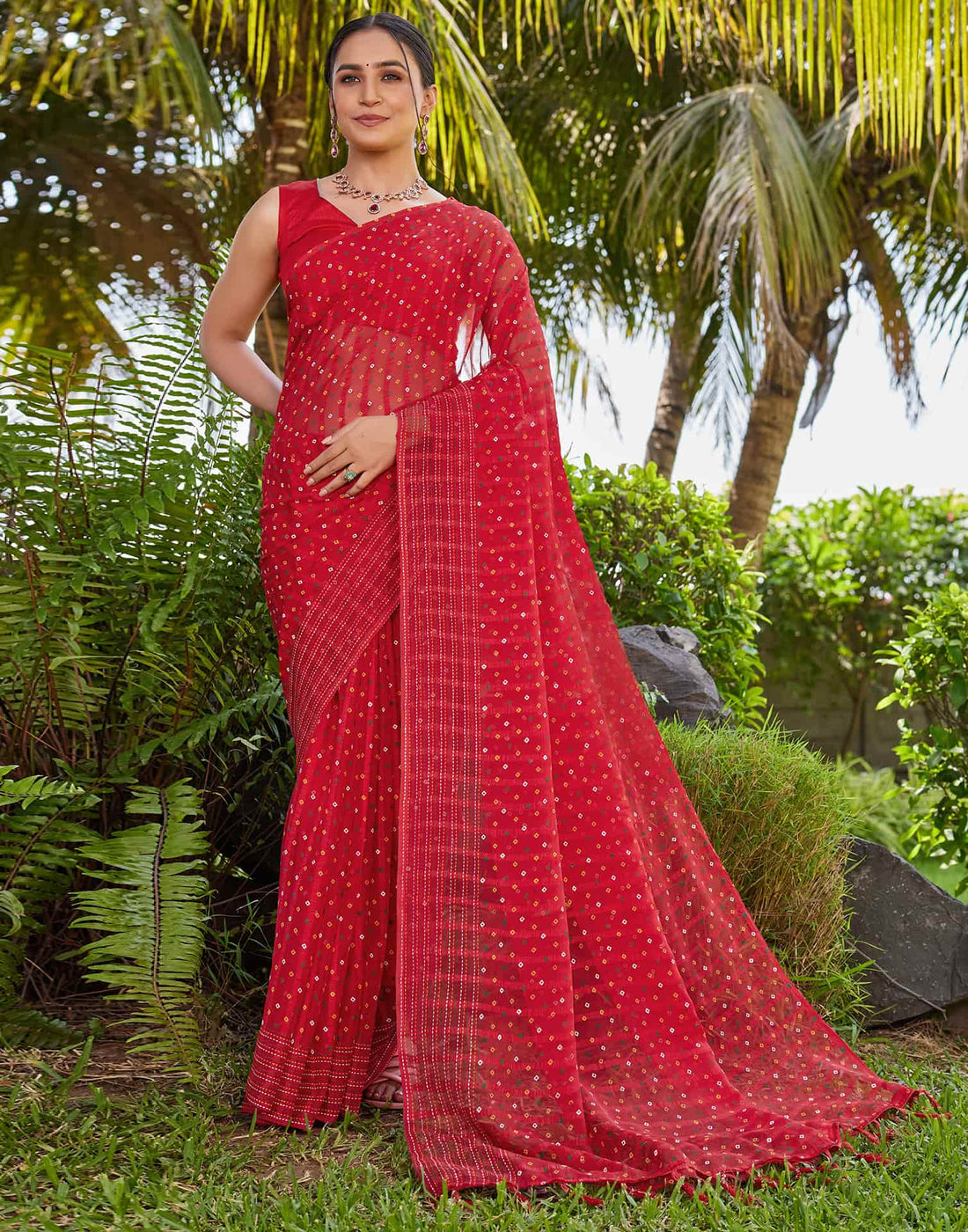Red Chiffon Printed Bandhani Saree