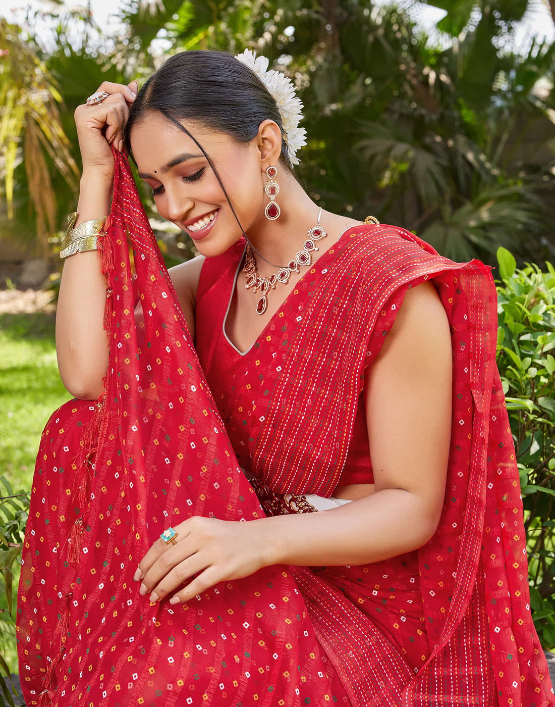Red Chiffon Printed Bandhani Saree