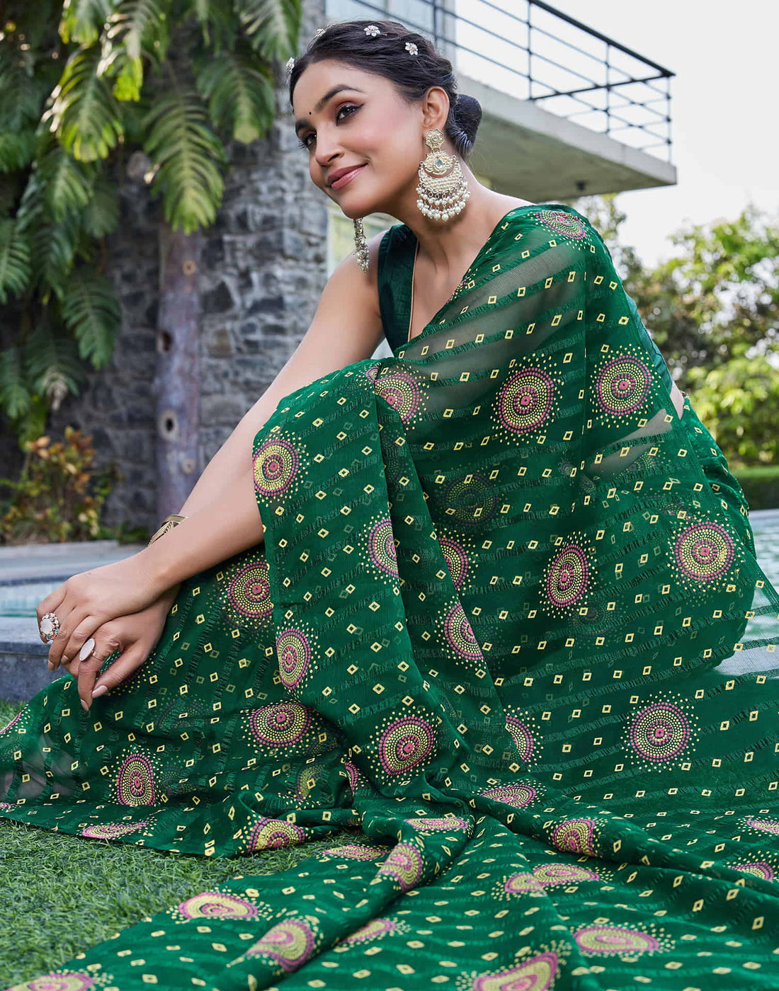 Dark Green Chiffon Printed Bandhani Saree