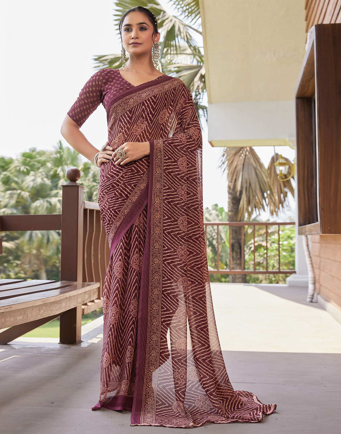 Dusty Maroon Georgette Printed Saree