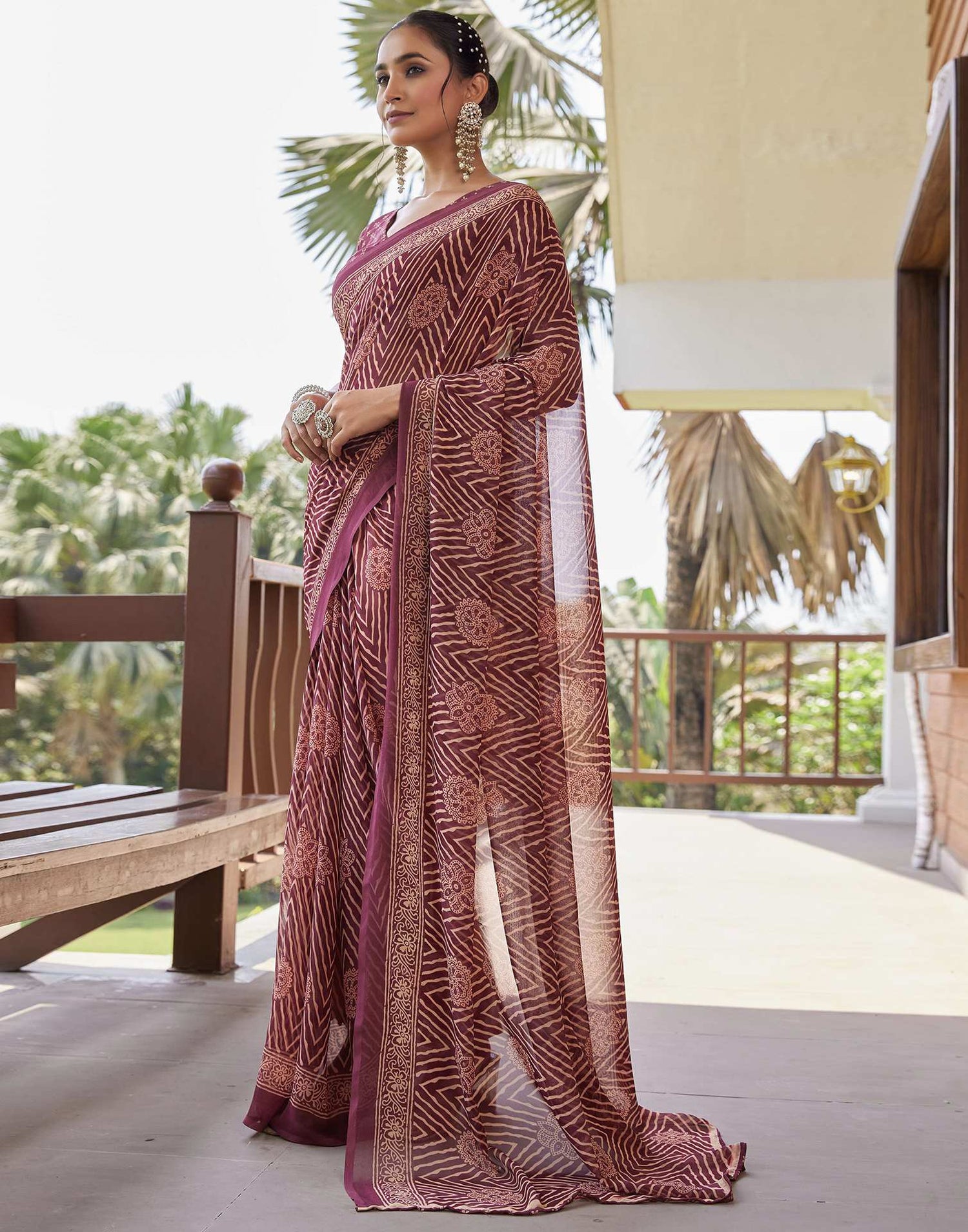 Dusty Maroon Georgette Printed Saree