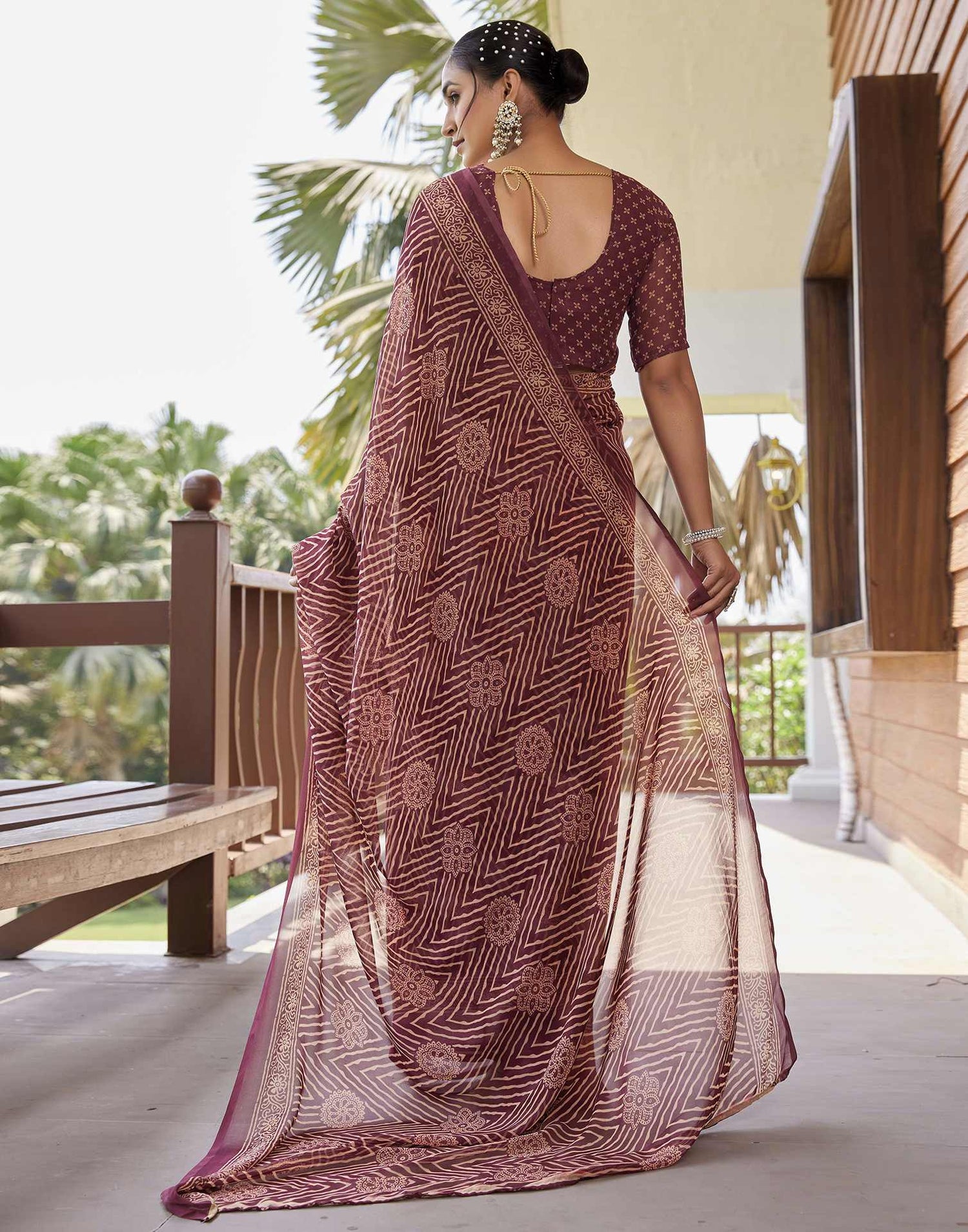 Dusty Maroon Georgette Printed Saree