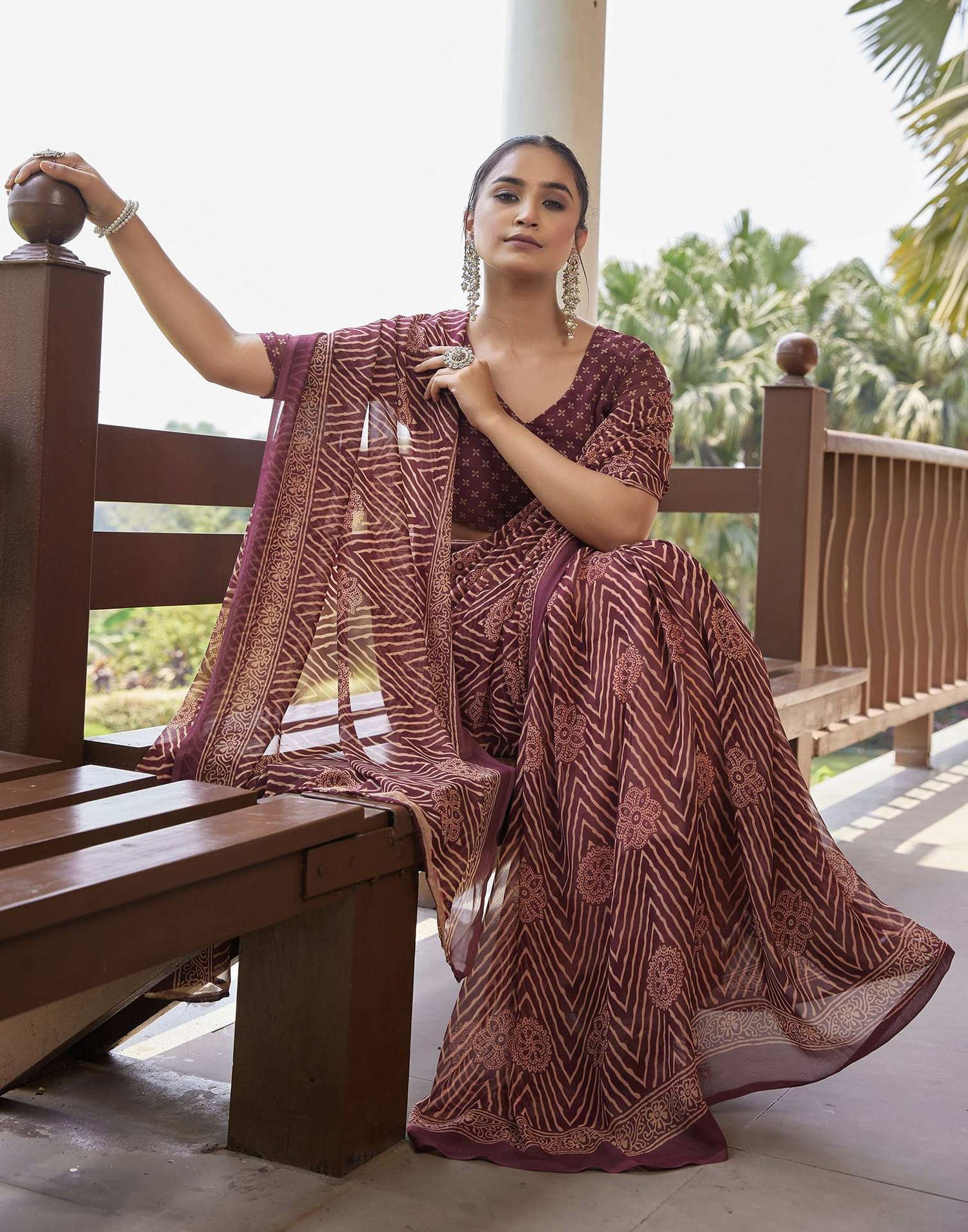 Dusty Maroon Georgette Printed Saree